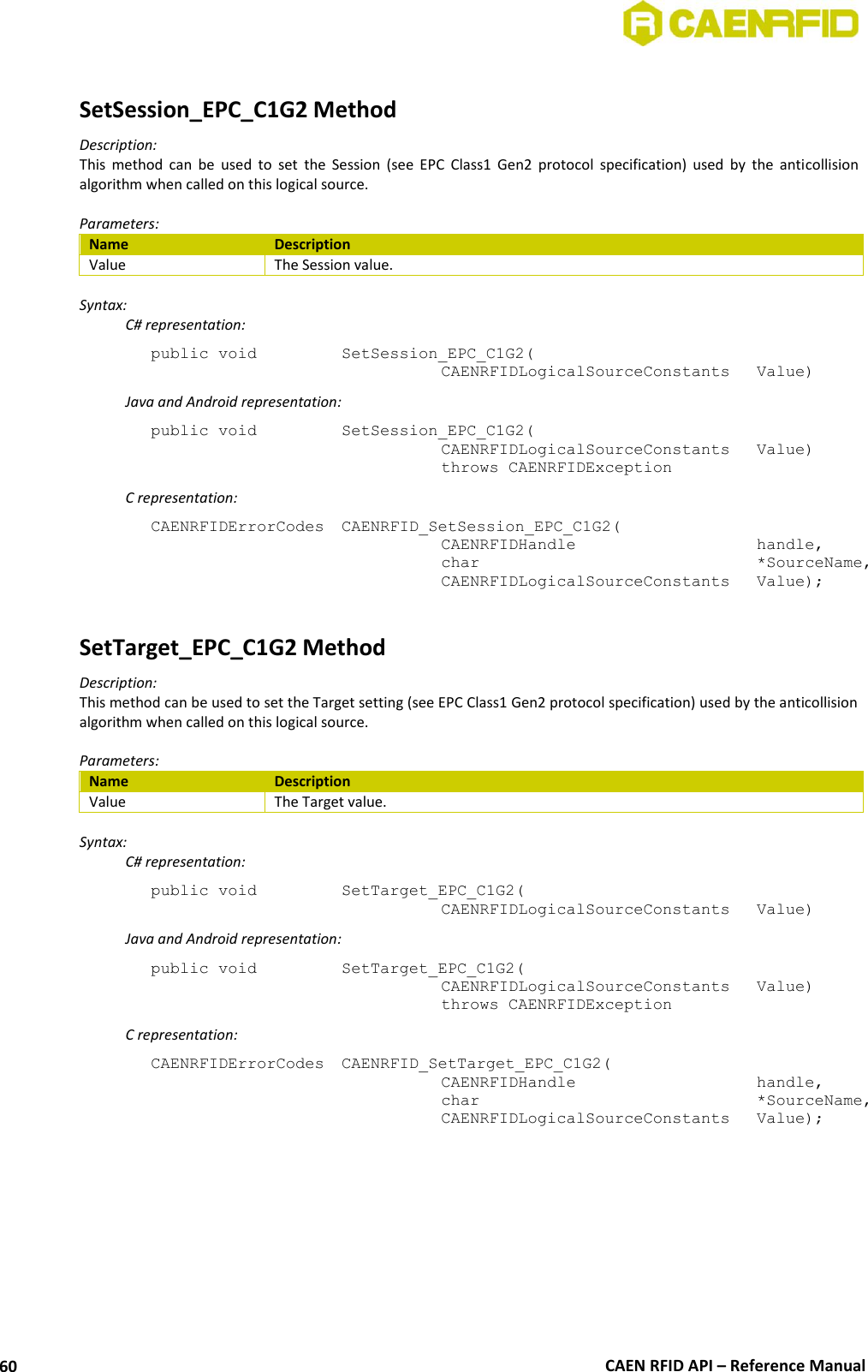  CAEN RFID API – Reference Manual 60  SetSession_EPC_C1G2 Method Description: This  method  can  be  used  to  set  the  Session  (see  EPC  Class1  Gen2  protocol  specification)  used  by  the  anticollision algorithm when called on this logical source.  Parameters: Name Description Value The Session value.  Syntax:   C# representation: public void   SetSession_EPC_C1G2(   CAENRFIDLogicalSourceConstants   Value)   Java and Android representation: public void   SetSession_EPC_C1G2(   CAENRFIDLogicalSourceConstants   Value)   throws CAENRFIDException   C representation: CAENRFIDErrorCodes  CAENRFID_SetSession_EPC_C1G2(   CAENRFIDHandle       handle,   char           *SourceName,   CAENRFIDLogicalSourceConstants  Value);  SetTarget_EPC_C1G2 Method Description: This method can be used to set the Target setting (see EPC Class1 Gen2 protocol specification) used by the anticollision algorithm when called on this logical source.  Parameters: Name Description Value The Target value.  Syntax:   C# representation: public void   SetTarget_EPC_C1G2(   CAENRFIDLogicalSourceConstants   Value)   Java and Android representation: public void   SetTarget_EPC_C1G2(   CAENRFIDLogicalSourceConstants   Value)   throws CAENRFIDException   C representation: CAENRFIDErrorCodes  CAENRFID_SetTarget_EPC_C1G2(   CAENRFIDHandle       handle,   char           *SourceName,   CAENRFIDLogicalSourceConstants  Value);  