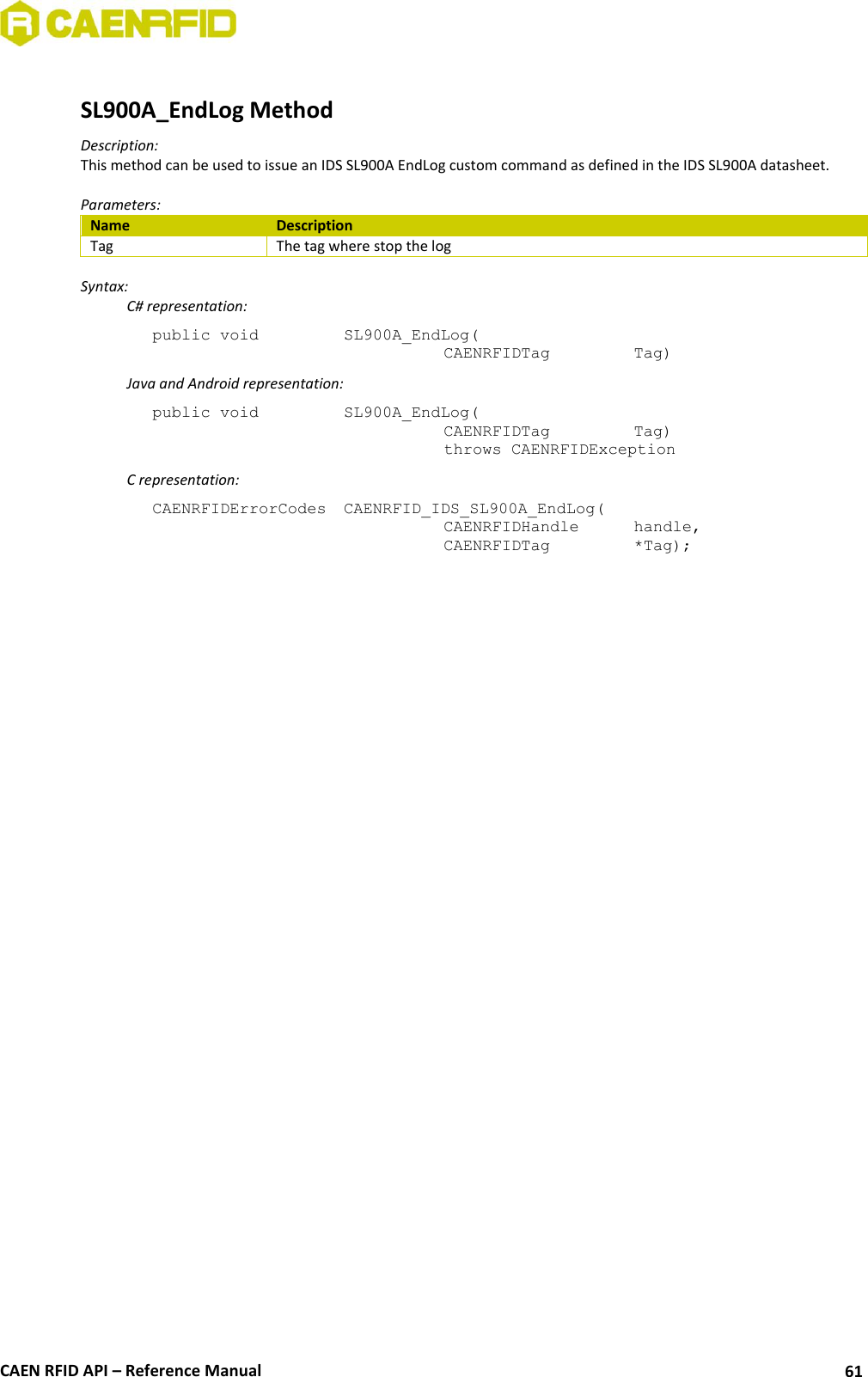  CAEN RFID API – Reference Manual 61  SL900A_EndLog Method Description: This method can be used to issue an IDS SL900A EndLog custom command as defined in the IDS SL900A datasheet.  Parameters: Name Description Tag The tag where stop the log  Syntax:   C# representation: public void   SL900A_EndLog(   CAENRFIDTag    Tag)   Java and Android representation: public void   SL900A_EndLog(   CAENRFIDTag    Tag)   throws CAENRFIDException   C representation: CAENRFIDErrorCodes  CAENRFID_IDS_SL900A_EndLog(   CAENRFIDHandle   handle,   CAENRFIDTag    *Tag);  