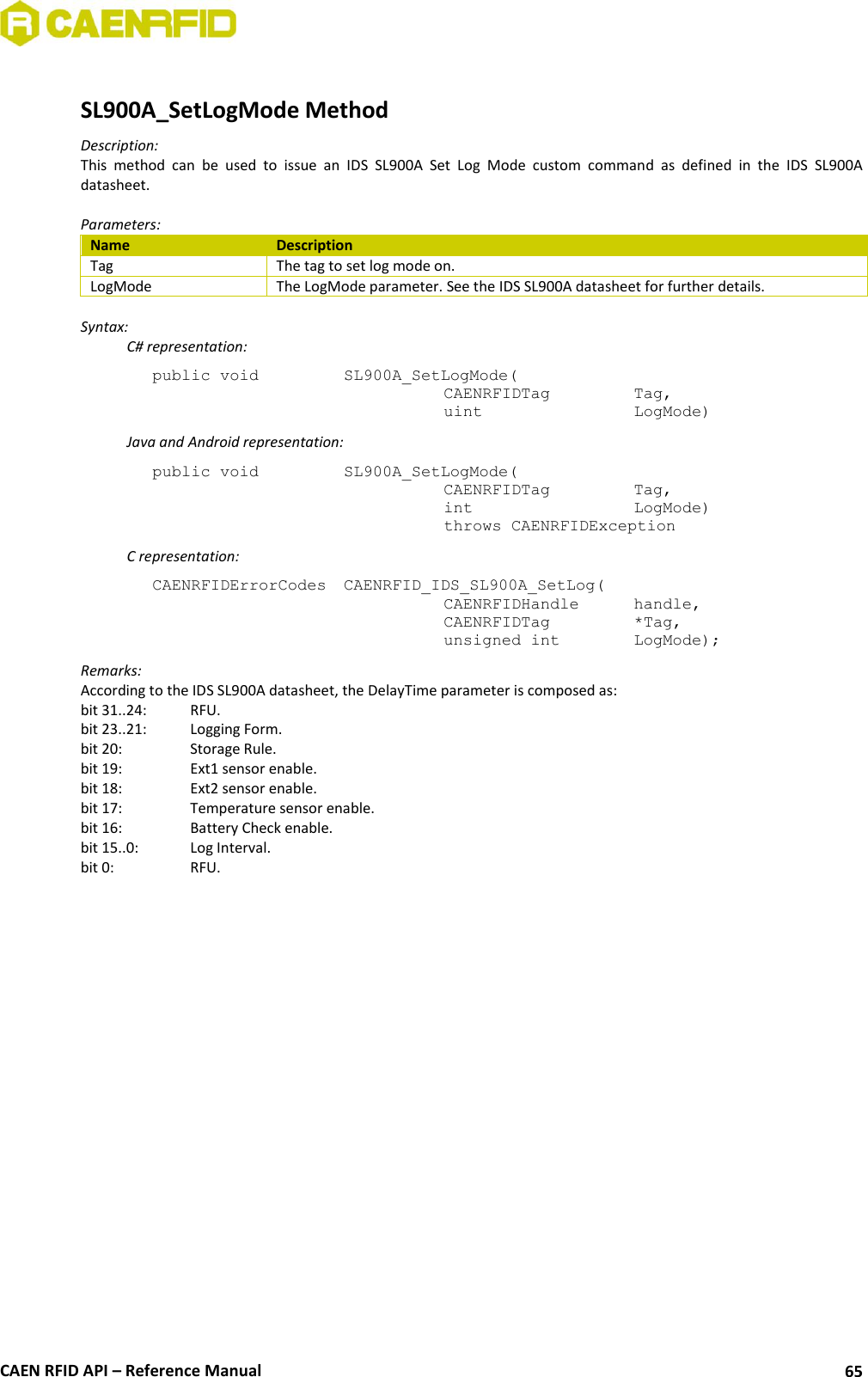  CAEN RFID API – Reference Manual 65  SL900A_SetLogMode Method Description: This  method  can  be  used  to  issue  an  IDS  SL900A  Set  Log  Mode  custom  command  as  defined  in  the  IDS  SL900A datasheet.  Parameters: Name Description Tag  The tag to set log mode on. LogMode The LogMode parameter. See the IDS SL900A datasheet for further details.  Syntax:   C# representation: public void   SL900A_SetLogMode(   CAENRFIDTag    Tag,   uint       LogMode)   Java and Android representation: public void   SL900A_SetLogMode(   CAENRFIDTag    Tag,   int       LogMode)   throws CAENRFIDException   C representation: CAENRFIDErrorCodes  CAENRFID_IDS_SL900A_SetLog(   CAENRFIDHandle   handle,   CAENRFIDTag    *Tag,   unsigned int    LogMode); Remarks: According to the IDS SL900A datasheet, the DelayTime parameter is composed as: bit 31..24:   RFU. bit 23..21:  Logging Form. bit 20:    Storage Rule. bit 19:    Ext1 sensor enable. bit 18:    Ext2 sensor enable. bit 17:    Temperature sensor enable. bit 16:    Battery Check enable. bit 15..0:  Log Interval. bit 0:     RFU.  