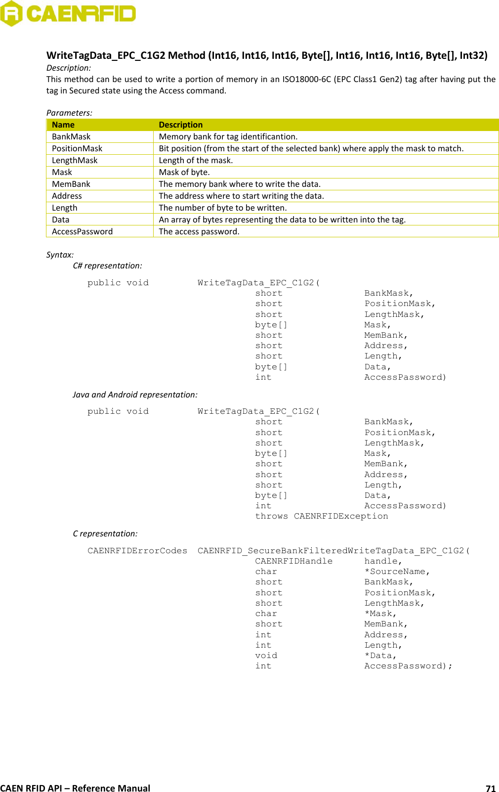  CAEN RFID API – Reference Manual 71  WriteTagData_EPC_C1G2 Method (Int16, Int16, Int16, Byte[], Int16, Int16, Int16, Byte[], Int32) Description: This method can be used to write a portion of memory in an ISO18000-6C (EPC Class1 Gen2) tag after having put the tag in Secured state using the Access command.  Parameters: Name Description BankMask Memory bank for tag identificantion. PositionMask Bit position (from the start of the selected bank) where apply the mask to match. LengthMask Length of the mask. Mask Mask of byte. MemBank The memory bank where to write the data. Address The address where to start writing the data. Length The number of byte to be written. Data An array of bytes representing the data to be written into the tag. AccessPassword The access password.  Syntax:   C# representation: public void   WriteTagData_EPC_C1G2(   short      BankMask,   short      PositionMask,   short      LengthMask,   byte[]     Mask,   short      MemBank,   short      Address,   short      Length,   byte[]     Data,   int       AccessPassword)   Java and Android representation: public void   WriteTagData_EPC_C1G2(   short      BankMask,   short      PositionMask,   short      LengthMask,   byte[]     Mask,   short      MemBank,   short      Address,   short      Length,   byte[]     Data,   int       AccessPassword)   throws CAENRFIDException   C representation: CAENRFIDErrorCodes  CAENRFID_SecureBankFilteredWriteTagData_EPC_C1G2(   CAENRFIDHandle   handle,   char       *SourceName,   short      BankMask,   short      PositionMask,   short      LengthMask,   char       *Mask,   short      MemBank,   int       Address,   int       Length,   void       *Data,   int       AccessPassword); 