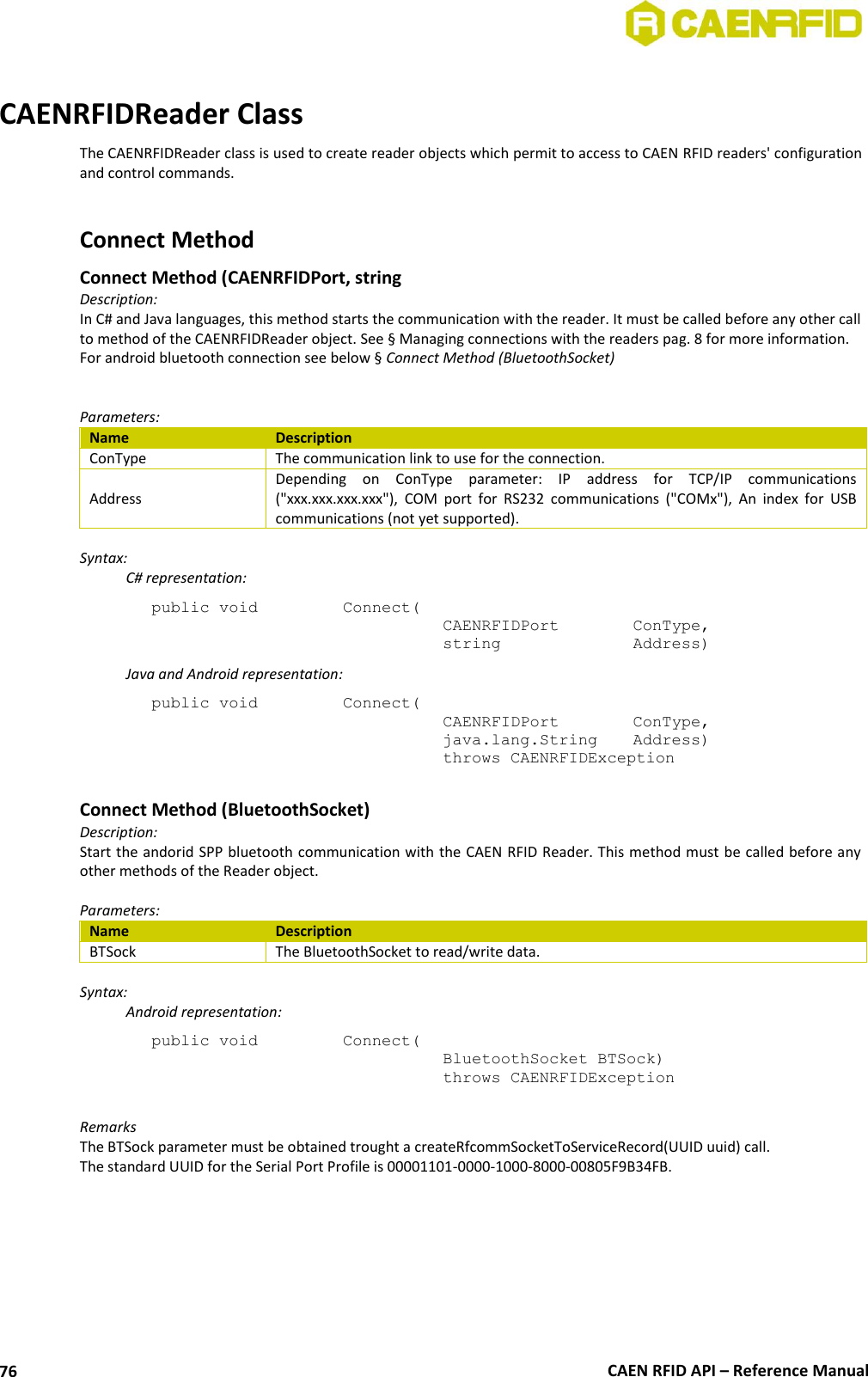  CAEN RFID API – Reference Manual 76  CAENRFIDReader Class The CAENRFIDReader class is used to create reader objects which permit to access to CAEN RFID readers&apos; configuration and control commands.   Connect Method Connect Method (CAENRFIDPort, string Description: In C# and Java languages, this method starts the communication with the reader. It must be called before any other call to method of the CAENRFIDReader object. See § Managing connections with the readers pag. 8 for more information. For android bluetooth connection see below § Connect Method (BluetoothSocket)   Parameters: Name Description ConType The communication link to use for the connection. Address Depending  on  ConType  parameter:  IP  address  for  TCP/IP  communications (&quot;xxx.xxx.xxx.xxx&quot;),  COM  port  for  RS232  communications  (&quot;COMx&quot;),  An  index  for  USB communications (not yet supported).  Syntax:   C# representation: public void   Connect(   CAENRFIDPort    ConType,   string     Address)   Java and Android representation: public void   Connect(   CAENRFIDPort    ConType,   java.lang.String   Address)   throws CAENRFIDException  Connect Method (BluetoothSocket) Description: Start the andorid SPP bluetooth communication with the CAEN RFID Reader. This method must be called before any other methods of the Reader object.  Parameters: Name Description BTSock The BluetoothSocket to read/write data.   Syntax:   Android representation: public void   Connect(   BluetoothSocket BTSock)   throws CAENRFIDException  Remarks The BTSock parameter must be obtained trought a createRfcommSocketToServiceRecord(UUID uuid) call. The standard UUID for the Serial Port Profile is 00001101-0000-1000-8000-00805F9B34FB.  