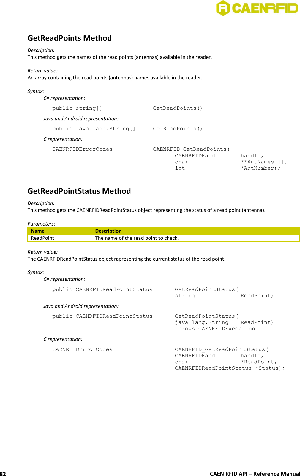  CAEN RFID API – Reference Manual 82  GetReadPoints Method Description: This method gets the names of the read points (antennas) available in the reader.  Return value: An array containing the read points (antennas) names available in the reader.  Syntax:   C# representation: public string[]       GetReadPoints()   Java and Android representation: public java.lang.String[]   GetReadPoints()   C representation: CAENRFIDErrorCodes      CAENRFID_GetReadPoints(     CAENRFIDHandle  handle,     char      **AntNames [],     int      *AntNumber);  GetReadPointStatus Method Description: This method gets the CAENRFIDReadPointStatus object representing the status of a read point (antenna).  Parameters: Name Description ReadPoint The name of the read point to check.  Return value: The CAENRFIDReadPointStatus object rapresenting the current status of the read point.  Syntax:   C# representation: public CAENRFIDReadPointStatus   GetReadPointStatus(     string     ReadPoint)   Java and Android representation: public CAENRFIDReadPointStatus   GetReadPointStatus(     java.lang.String   ReadPoint)     throws CAENRFIDException   C representation: CAENRFIDErrorCodes        CAENRFID_GetReadPointStatus(     CAENRFIDHandle   handle,     char       *ReadPoint,     CAENRFIDReadPointStatus *Status);  