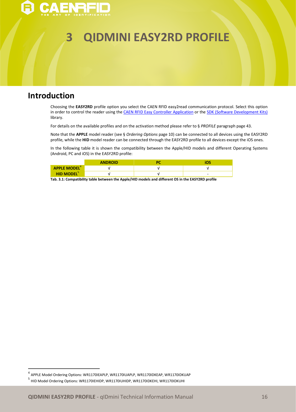 QIDMINI EASY2RD PROFILE - qIDmini Technical Information Manual 16 3 QIDMINI EASY2RD PROFILE Introduction Choosing the EASY2RD profile option you select the CAEN RFID easy2read communication protocol. Select this option in order to control the reader using the CAEN RFID Easy Controller Application or the SDK (Software Development Kits) library. For details on the available profiles and on the activation method please refer to § PROFILE paragraph page 43. Note that the APPLE model reader (see § Ordering Options page 10) can be connected to all devices using the EASY2RD profile, while the HID model reader can be connected through the EASY2RD profile to all devices except the iOS ones. In the following table it is shown the compatibility between the Apple/HID models and different Operating Systems (Android, PC and iOS) in the EASY2RD profile: ANDROID PC iOS APPLE MODEL4 √ √ √ HID MODEL5 √ √ - Tab. 3.1: Compatibility table between the Apple/HID models and different OS in the EASY2RD profile 4 APPLE Model Ordering Options: WR1170IEAPLP, WR1170IUAPLP, WR1170IDKEAP, WR1170IDKUAP 5 HID Model Ordering Options: WR1170IEHIDP, WR1170IUHIDP, WR1170IDKEHI, WR1170IDKUHI