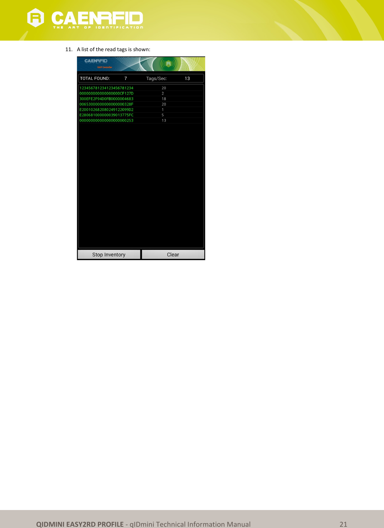 QIDMINI EASY2RD PROFILE - qIDmini Technical Information Manual 21 11. A list of the read tags is shown: