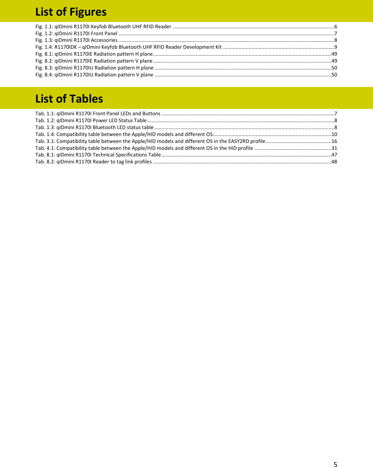 5 List of Figures Fig. 1.1: qIDmini R1170I Keyfob Bluetooth UHF RFID Reader .................................................................................................................6 Fig. 1.2: qIDmini R1170I Front Panel .......................................................................................................................................................7 Fig. 1.3: qIDmini R1170I Accessories .......................................................................................................................................................8 Fig. 1.4: R1170IDK – qIDmini Keyfob Bluetooth UHF RFID Reader Development Kit ..............................................................................9 Fig. 8.1: qIDmini R1170IE Radiation pattern H plane.............................................................................................................................49 Fig. 8.2: qIDmini R1170IE Radiation pattern V plane .............................................................................................................................49 Fig. 8.3: qIDmini R1170IU Radiation pattern H plane ............................................................................................................................50 Fig. 8.4: qIDmini R1170IU Radiation pattern V plane ............................................................................................................................50 List of Tables Tab. 1.1: qIDmini R1170I Front Panel LEDs and Buttons .........................................................................................................................7 Tab. 1.2: qIDmini R1170I Power LED Status Table ...................................................................................................................................8 Tab. 1.3: qIDmini R1170I Bluetooth LED status table ..............................................................................................................................8 Tab. 1.4: Compatibility table between the Apple/HID models and different OS ...................................................................................10 Tab. 3.1: Compatibility table between the Apple/HID models and different OS in the EASY2RD profile ..............................................16 Tab. 4.1: Compatibility table between the Apple/HID models and different OS in the HID profile ......................................................31 Tab. 8.1: qIDmini R1170I Technical Specifications Table .......................................................................................................................47 Tab. 8.2: qIDmini R1170I Reader to tag link profiles .............................................................................................................................48