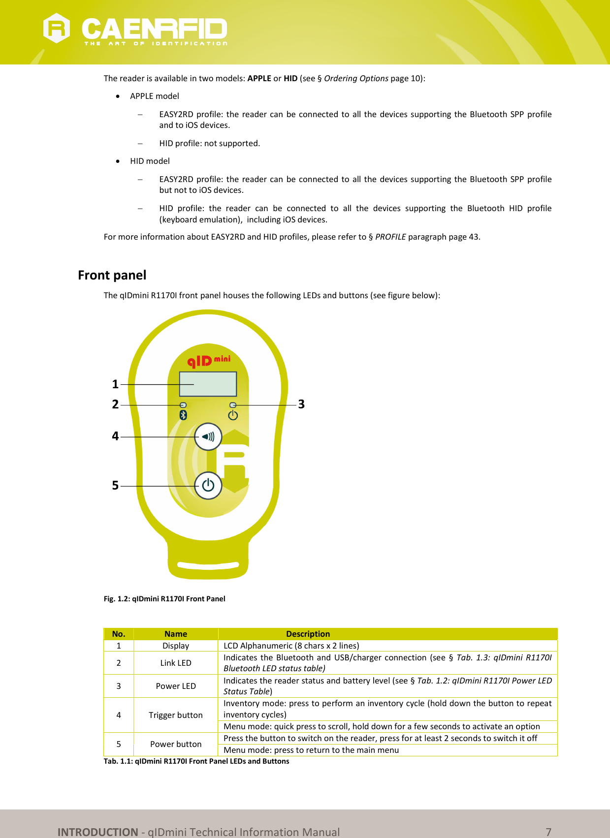 INTRODUCTION - qIDmini Technical Information Manual 7 The reader is available in two models: APPLE or HID (see § Ordering Options page 10): APPLE model EASY2RD profile: the reader can be connected to all the devices supporting the Bluetooth SPP profile and to iOS devices. HID profile: not supported. HID model EASY2RD profile: the reader can be connected to all the devices supporting the Bluetooth SPP profile but not to iOS devices. HID profile: the reader can be connected to all the devices supporting the Bluetooth HID profile (keyboard emulation), including iOS devices. For more information about EASY2RD and HID profiles, please refer to § PROFILE paragraph page 43. Front panel The qIDmini R1170I front panel houses the following LEDs and buttons (see figure below): Fig. 1.2: qIDmini R1170I Front Panel No. Name Description 1 Display LCD Alphanumeric (8 chars x 2 lines) 2 Link LED Indicates the Bluetooth and USB/charger connection (see § Tab. 1.3: qIDmini R1170I Bluetooth LED status table) 3 Power LED Indicates the reader status and battery level (see § Tab. 1.2: qIDmini R1170I Power LED Status Table) 4 Trigger button Inventory mode: press to perform an inventory cycle (hold down the button to repeat inventory cycles) Menu mode: quick press to scroll, hold down for a few seconds to activate an option 5 Power button Press the button to switch on the reader, press for at least 2 seconds to switch it off Menu mode: press to return to the main menu Tab. 1.1: qIDmini R1170I Front Panel LEDs and Buttons