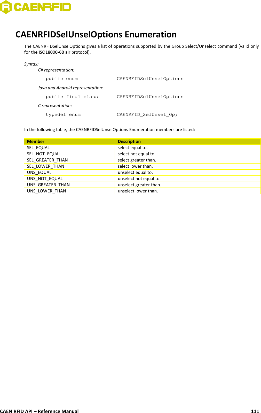 CAENRFIDSelUnselOptions EnumerationThe CAENRFIDSelUnselOptions gives a list of operations supported by the Group Select/Unselect command (valid onlyfor the ISO18000-6B air protocol).Syntax:C# representation:public enum  CAENRFIDSelUnselOptionsJava and Android representation:public final class  CAENRFIDSelUnselOptionsC representation:typedef enum  CAENRFID_SelUnsel_Op;In the following table, the CAENRFIDSelUnselOptions Enumeration members are listed:Member DescriptionSEL_EQUAL select equal to.SEL_NOT_EQUAL select not equal to.SEL_GREATER_THAN select greater than.SEL_LOWER_THAN select lower than.UNS_EQUAL unselect equal to.UNS_NOT_EQUAL unselect not equal to.UNS_GREATER_THAN unselect greater than.UNS_LOWER_THAN unselect lower than.CAEN RFID API – Reference Manual 111