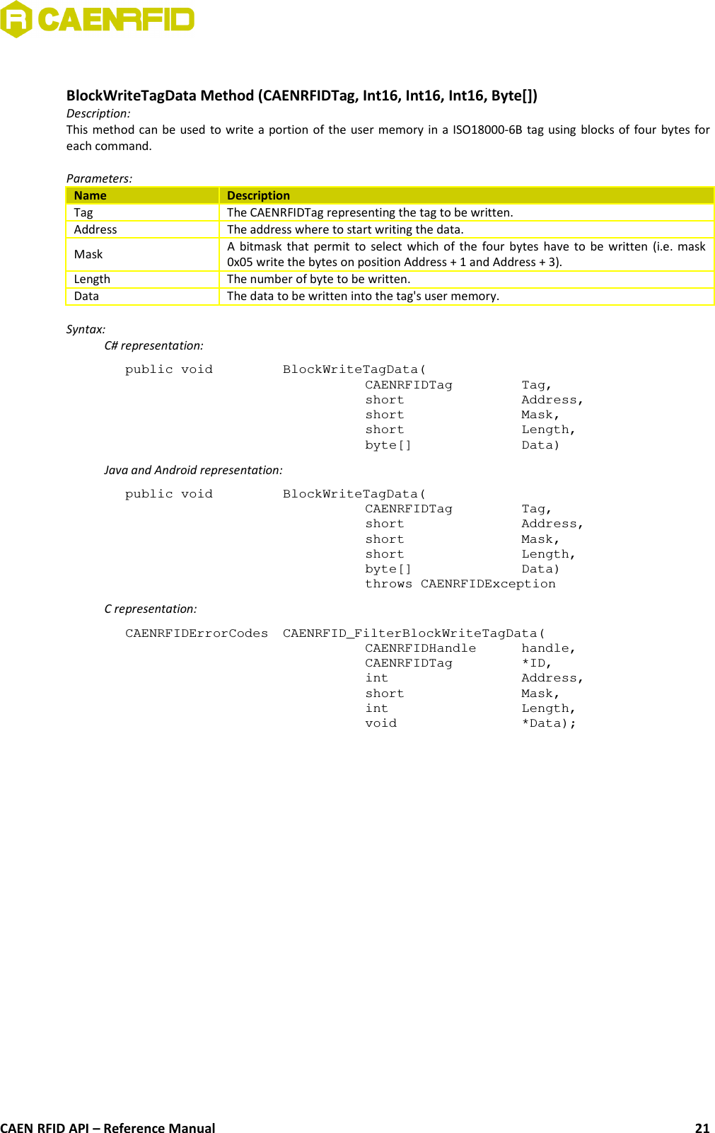 BlockWriteTagData Method (CAENRFIDTag, Int16, Int16, Int16, Byte[])Description:This method can be used to write a portion of the user memory in a ISO18000-6B tag using blocks of four bytes foreach command.Parameters:Name DescriptionTag The CAENRFIDTag representing the tag to be written.Address The address where to start writing the data.Mask A bitmask that permit to select which of the four bytes have to be written (i.e. mask0x05 write the bytes on position Address + 1 and Address + 3).Length The number of byte to be written.Data The data to be written into the tag&apos;s user memory.Syntax:C# representation:public void  BlockWriteTagData(CAENRFIDTag  Tag,short  Address,short  Mask,short  Length,byte[]  Data)Java and Android representation:public void  BlockWriteTagData(CAENRFIDTag  Tag,short Address,short  Mask,short  Length,byte[]  Data)throws CAENRFIDExceptionC representation:CAENRFIDErrorCodes  CAENRFID_FilterBlockWriteTagData(CAENRFIDHandle  handle,CAENRFIDTag  *ID,int  Address,short  Mask,int  Length,void  *Data);CAEN RFID API – Reference Manual 21