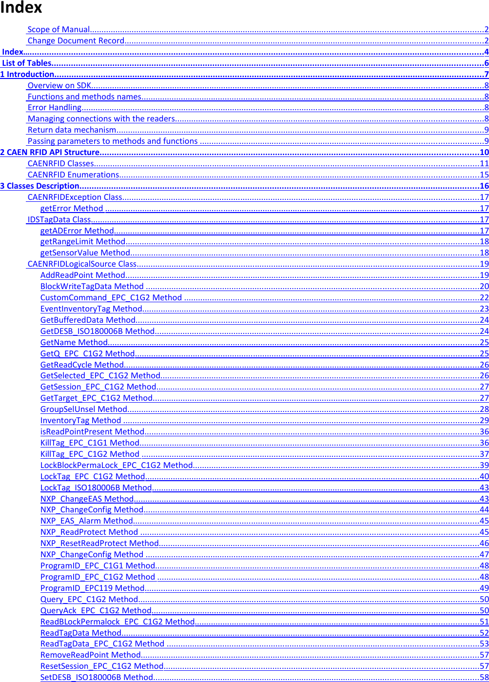 Index… Scope of Manual                                                                                                                                                                                                   ........................................................................................................................................................................   2   Change Document Record                                                                                                                                                                                  ..........................................................................................................................................................   2   Index…                                                                                                                                                                                                                                ..........................................................................................................................................................................................   4   List of Tables                                                                                                                                                                                                                     .................................................................................................................................................................................   6  1 Introduction                                                                                                                                                                                                                    ................................................................................................................................................................................   7   Overview on SDK                                                                                                                                                                                                  ........................................................................................................................................................................   8   Functions and methods names                                                                                                                                                                          ..................................................................................................................................................   8   Error Handling                                                                                                                                                                                                       ............................................................................................................................................................................   8   Managing connections with the readers                                                                                                                                                          ....................................................................................................................................   8   Return data mechanism                                                                                                                                                                                      .............................................................................................................................................................   9   Passing parameters to methods and functions                                                                                                                                               .........................................................................................................................   9  2 CAEN RFID API Structure                                                                                                                                                                                            ...........................................................................................................................................................   10    CAENRFID Classes                                                                                                                                                                                               .....................................................................................................................................................................   11    CAENRFID Enumerations                                                                                                                                                                                   ..........................................................................................................................................................   15   3 Classes Description                                                                                                                                                                                                      ....................................................................................................................................................................   16    CAENRFIDException Class                                                                                                                                                                                 .........................................................................................................................................................   17   getError Method                                                                                                                                                                                          ................................................................................................................................................................   17    IDSTagData Class                                                                                                                                                                                                ......................................................................................................................................................................   17   getADError Method                                                                                                                                                                                     ............................................................................................................................................................   17   getRangeLimit Method                                                                                                                                                                                .......................................................................................................................................................   18   getSensorValue Method                                                                                                                                                                             .....................................................................................................................................................   18    CAENRFIDLogicalSource Class                                                                                                                                                                          ..................................................................................................................................................   19   AddReadPoint Method                                                                                                                                                                                .......................................................................................................................................................   19   BlockWriteTagData Method                                                                                                                                                                       ..............................................................................................................................................   20   CustomCommand_EPC_C1G2 Method                                                                                                                                                    ..............................................................................................................................   22   EventInventoryTag Method                                                                                                                                                                        ................................................................................................................................................   23   GetBufferedData Method                                                                                                                                                                           ...................................................................................................................................................   24   GetDESB_ISO180006B Method                                                                                                                                                                  ...........................................................................................................................................   24   GetName Method                                                                                                                                                                                        ...............................................................................................................................................................   25   GetQ_EPC_C1G2 Method                                                                                                                                                                           ...................................................................................................................................................   25   GetReadCycle Method                                                                                                                                                                                ........................................................................................................................................................   26   GetSelected_EPC_C1G2 Method                                                                                                                                                               ........................................................................................................................................   26   GetSession_EPC_C1G2 Method                                                                                                                                                                 ..........................................................................................................................................   27   GetTarget_EPC_C1G2 Method                                                                                                                                                                   ............................................................................................................................................   27   GroupSelUnsel Method                                                                                                                                                                               ......................................................................................................................................................   28   InventoryTag Method                                                                                                                                                                                  ........................................................................................................................................................   29   isReadPointPresent Method                                                                                                                                                                      ...............................................................................................................................................   36   KillTag_EPC_C1G1 Method                                                                                                                                                                         .................................................................................................................................................   36   KillTag_EPC_C1G2 Method                                                                                                                                                                         ................................................................................................................................................   37   LockBlockPermaLock_EPC_C1G2 Method                                                                                                                                               ..........................................................................................................................   39   LockTag_EPC_C1G2 Method                                                                                                                                                                      ...............................................................................................................................................   40   LockTag_ISO180006B Method                                                                                                                                                                   ............................................................................................................................................   43   NXP_ChangeEAS Method                                                                                                                                                                            ....................................................................................................................................................   43   NXP_ChangeConfig Method                                                                                                                                                                       ...............................................................................................................................................   44   NXP_EAS_Alarm Method                                                                                                                                                                            ....................................................................................................................................................   45   NXP_ReadProtect Method                                                                                                                                                                          .................................................................................................................................................   45   NXP_ResetReadProtect Method                                                                                                                                                                .........................................................................................................................................   46   NXP_ChangeConfig Method                                                                                                                                                                       ...............................................................................................................................................   47   ProgramID_EPC_C1G1 Method                                                                                                                                                                 ..........................................................................................................................................   48   ProgramID_EPC_C1G2 Method                                                                                                                                                                 ..........................................................................................................................................   48   ProgramID_EPC119 Method                                                                                                                                                                      ...............................................................................................................................................   49   Query_EPC_C1G2 Method                                                                                                                                                                          ..................................................................................................................................................   50   QueryAck_EPC_C1G2 Method                                                                                                                                                                   ............................................................................................................................................   50   ReadBLockPermalock_EPC_C1G2 Method                                                                                                                                              ..........................................................................................................................   51   ReadTagData Method                                                                                                                                                                                  .........................................................................................................................................................   52   ReadTagData_EPC_C1G2 Method                                                                                                                                                             ......................................................................................................................................   53   RemoveReadPoint Method                                                                                                                                                                        .................................................................................................................................................   57   ResetSession_EPC_C1G2 Method                                                                                                                                                             .......................................................................................................................................   57   SetDESB_ISO180006B Method                                                                                                                                                                  ...........................................................................................................................................   58   