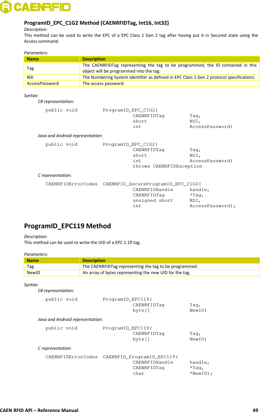 ProgramID_EPC_C1G2 Method (CAENRFIDTag, Int16, Int32)Description:This method can be used to write the EPC of a EPC Class 1 Gen 2 tag after having put it in Secured state using theAccess command.Parameters:Name DescriptionTag The  CAENRFIDTag   representing  the   tag  to   be  programmed,  the   ID  contained   in   thisobject will be programmed into the tag.NSI The Numbering System Identifier as defined in EPC Class 1 Gen 2 protocol specifications.AccessPassword The access password.Syntax:C# representation:public void  ProgramID_EPC_C1G2(CAENRFIDTag  Tag,short  NSI,int  AccessPassword)Java and Android representation:public void  ProgramID_EPC_C1G2(CAENRFIDTag  Tag,short  NSI,int  AccessPassword)throws CAENRFIDExceptionC representation:CAENRFIDErrorCodes  CAENRFID_SecureProgramID_EPC_C1G2(CAENRFIDHandle  handle,CAENRFIDTag  *Tag,unsigned short  NSI,int  AccessPassword);ProgramID_EPC119 MethodDescription:This method can be used to write the UID of a EPC 1.19 tag.Parameters:Name DescriptionTag The CAENRFIDTag representing the tag to be programmed.NewID An array of bytes representing the new UID for the tag.Syntax:C# representation:public void  ProgramID_EPC119(CAENRFIDTag  Tag,byte[]  NewID)Java and Android representation:public void  ProgramID_EPC119(CAENRFIDTag  Tag,byte[]  NewID)C representation:CAENRFIDErrorCodes  CAENRFID_ProgramID_EPC119(CAENRFIDHandle  handle,CAENRFIDTag  *Tag,char  *NewID);CAEN RFID API – Reference Manual 49