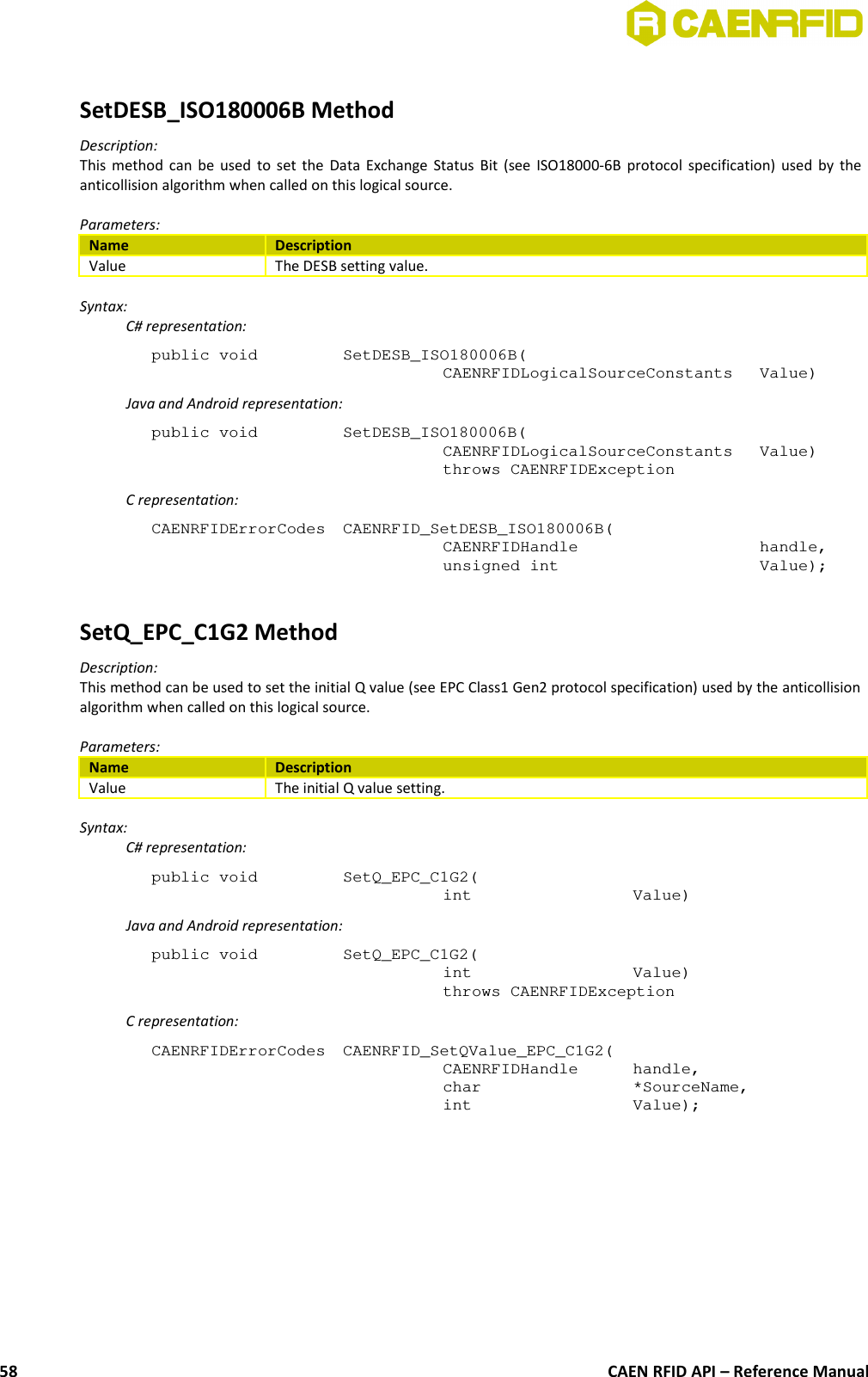 SetDESB_ISO180006B MethodDescription:This method can be used to set the Data Exchange Status Bit (see ISO18000-6B protocol specification) used by theanticollision algorithm when called on this logical source.Parameters:Name DescriptionValue The DESB setting value.Syntax:C# representation:public void  SetDESB_ISO180006B(CAENRFIDLogicalSourceConstants  Value)Java and Android representation:public void  SetDESB_ISO180006B(CAENRFIDLogicalSourceConstants  Value)throws CAENRFIDExceptionC representation:CAENRFIDErrorCodes  CAENRFID_SetDESB_ISO180006B(CAENRFIDHandle  handle,unsigned int  Value);SetQ_EPC_C1G2 MethodDescription:This method can be used to set the initial Q value (see EPC Class1 Gen2 protocol specification) used by the anticollisionalgorithm when called on this logical source.Parameters:Name DescriptionValue The initial Q value setting.Syntax:C# representation:public void  SetQ_EPC_C1G2(int  Value)Java and Android representation:public void  SetQ_EPC_C1G2(int  Value)throws CAENRFIDExceptionC representation:CAENRFIDErrorCodes  CAENRFID_SetQValue_EPC_C1G2(CAENRFIDHandle  handle,char  *SourceName,int  Value);CAEN RFID API – Reference Manual58