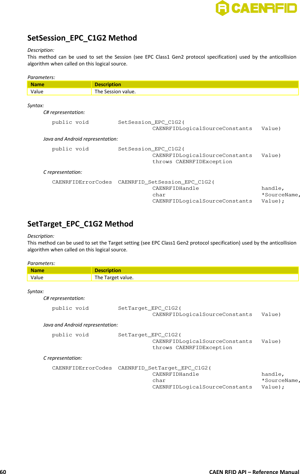 SetSession_EPC_C1G2 MethodDescription:This method can be used to set the Session (see EPC Class1 Gen2 protocol specification) used by the anticollisionalgorithm when called on this logical source.Parameters:Name DescriptionValue The Session value.Syntax:C# representation:public void  SetSession_EPC_C1G2(CAENRFIDLogicalSourceConstants  Value)Java and Android representation:public void  SetSession_EPC_C1G2(CAENRFIDLogicalSourceConstants  Value)throws CAENRFIDExceptionC representation:CAENRFIDErrorCodes  CAENRFID_SetSession_EPC_C1G2(CAENRFIDHandle  handle,char  *SourceName,CAENRFIDLogicalSourceConstants Value);SetTarget_EPC_C1G2 MethodDescription:This method can be used to set the Target setting (see EPC Class1 Gen2 protocol specification) used by the anticollisionalgorithm when called on this logical source.Parameters:Name DescriptionValue The Target value.Syntax:C# representation:public void  SetTarget_EPC_C1G2(CAENRFIDLogicalSourceConstants  Value)Java and Android representation:public void  SetTarget_EPC_C1G2(CAENRFIDLogicalSourceConstants  Value)throws CAENRFIDExceptionC representation:CAENRFIDErrorCodes  CAENRFID_SetTarget_EPC_C1G2(CAENRFIDHandle  handle,char  *SourceName,CAENRFIDLogicalSourceConstants Value);CAEN RFID API – Reference Manual60