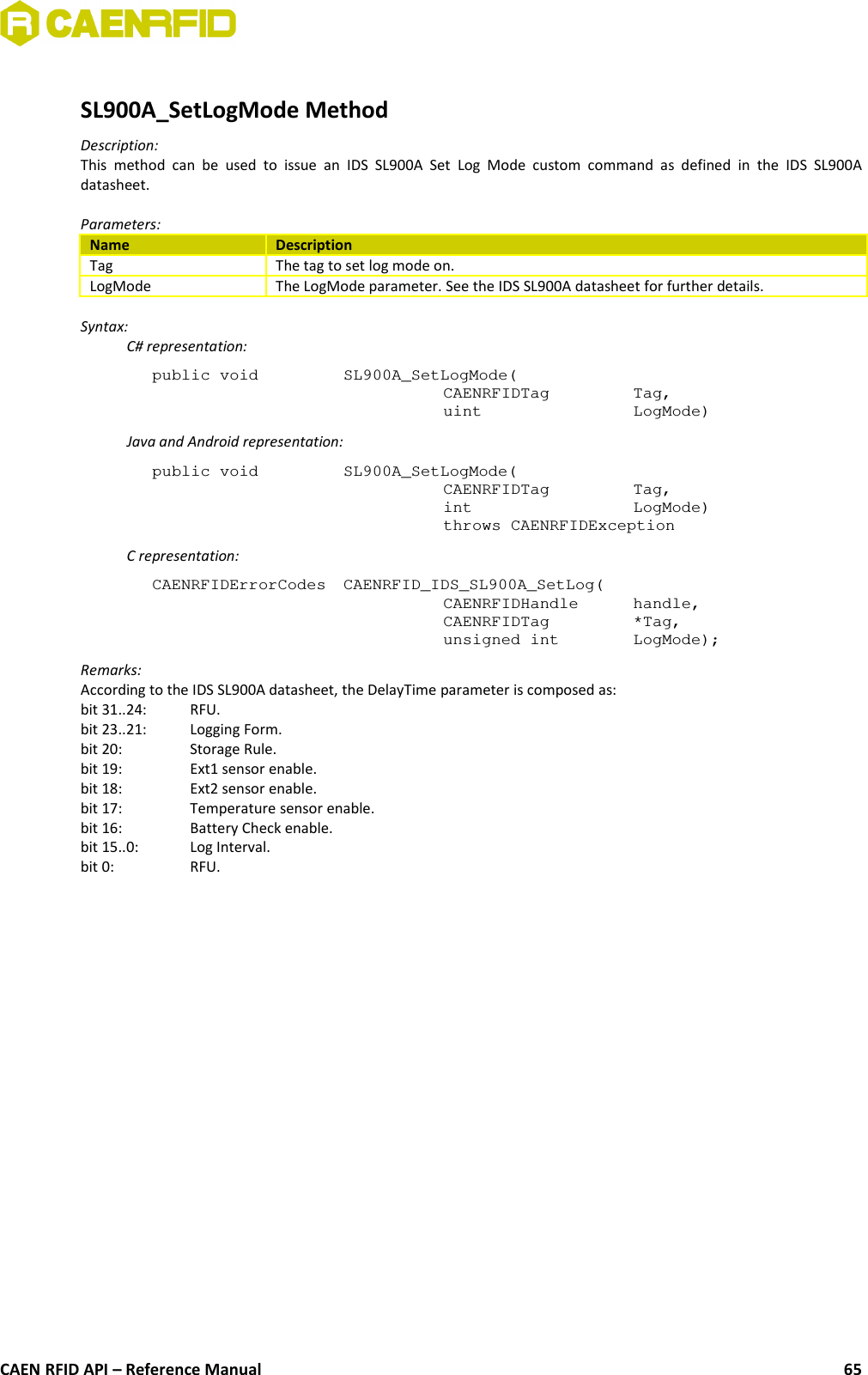 SL900A_SetLogMode MethodDescription:This  method  can  be  used  to  issue  an   IDS  SL900A  Set   Log  Mode custom  command  as  defined  in  the  IDS  SL900Adatasheet.Parameters:Name DescriptionTag  The tag to set log mode on.LogMode The LogMode parameter. See the IDS SL900A datasheet for further details.Syntax:C# representation:public void  SL900A_SetLogMode(CAENRFIDTag  Tag,uint  LogMode)Java and Android representation:public void  SL900A_SetLogMode(CAENRFIDTag  Tag,int  LogMode)throws CAENRFIDExceptionC representation:CAENRFIDErrorCodes  CAENRFID_IDS_SL900A_SetLog(CAENRFIDHandle  handle,CAENRFIDTag  *Tag,unsigned int  LogMode);Remarks:According to the IDS SL900A datasheet, the DelayTime parameter is composed as:bit 31..24:  RFU.bit 23..21: Logging Form.bit 20:  Storage Rule.bit 19:  Ext1 sensor enable.bit 18:  Ext2 sensor enable.bit 17:  Temperature sensor enable.bit 16:  Battery Check enable.bit 15..0: Log Interval.bit 0:  RFU.CAEN RFID API – Reference Manual 65