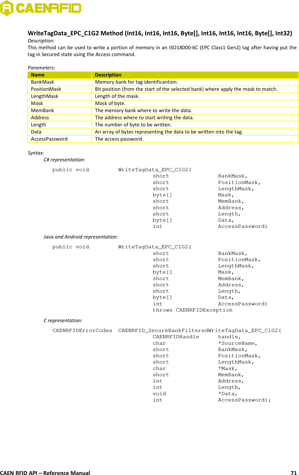 WriteTagData_EPC_C1G2 Method (Int16, Int16, Int16, Byte[], Int16, Int16, Int16, Byte[], Int32)Description:This method can be used to write a portion of memory in an ISO18000-6C (EPC Class1 Gen2) tag after having put thetag in Secured state using the Access command.Parameters:Name DescriptionBankMask Memory bank for tag identificantion.PositionMask Bit position (from the start of the selected bank) where apply the mask to match.LengthMask Length of the mask.Mask Mask of byte.MemBank The memory bank where to write the data.Address The address where to start writing the data.Length The number of byte to be written.Data An array of bytes representing the data to be written into the tag.AccessPassword The access password.Syntax:C# representation:public void  WriteTagData_EPC_C1G2(short  BankMask,short  PositionMask,short  LengthMask,byte[]  Mask,short  MemBank,short  Address,short  Length,byte[]  Data,int  AccessPassword)Java and Android representation:public void  WriteTagData_EPC_C1G2(short  BankMask,short  PositionMask,short  LengthMask,byte[]  Mask,short  MemBank,short  Address,short  Length,byte[]  Data,int  AccessPassword)throws CAENRFIDExceptionC representation:CAENRFIDErrorCodes  CAENRFID_SecureBankFilteredWriteTagData_EPC_C1G2(CAENRFIDHandle  handle,char  *SourceName,short  BankMask,short  PositionMask,short  LengthMask,char  *Mask,short  MemBank,int  Address,int  Length,void  *Data,int  AccessPassword);CAEN RFID API – Reference Manual 71