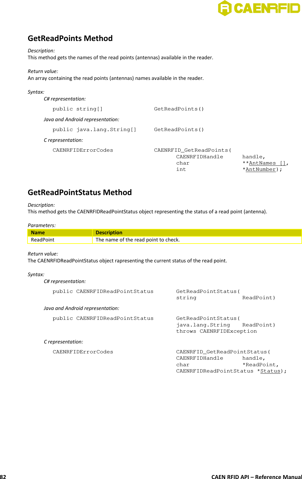 GetReadPoints MethodDescription:This method gets the names of the read points (antennas) available in the reader.Return value:An array containing the read points (antennas) names available in the reader.Syntax:C# representation:public string[]  GetReadPoints()Java and Android representation:public java.lang.String[]  GetReadPoints()C representation:CAENRFIDErrorCodes  CAENRFID_GetReadPoints(CAENRFIDHandle handle,char **AntNames [],int *AntNumber);GetReadPointStatus MethodDescription:This method gets the CAENRFIDReadPointStatus object representing the status of a read point (antenna).Parameters:Name DescriptionReadPoint The name of the read point to check.Return value:The CAENRFIDReadPointStatus object rapresenting the current status of the read point.Syntax:C# representation:public CAENRFIDReadPointStatus  GetReadPointStatus(string  ReadPoint)Java and Android representation:public CAENRFIDReadPointStatus  GetReadPointStatus(java.lang.String  ReadPoint)throws CAENRFIDExceptionC representation:CAENRFIDErrorCodes  CAENRFID_GetReadPointStatus(CAENRFIDHandle  handle,char  *ReadPoint,CAENRFIDReadPointStatus *Status);CAEN RFID API – Reference Manual82