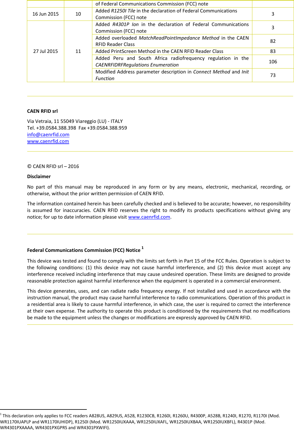 of Federal Communications Commission (FCC) note 16 Jun 2015 10 Added R1250I Tile in the declaration of Federal Communications Commission (FCC) note 3 27 Jul 2015 11 Added R4301P Ion in the declaration of Federal Communications Commission (FCC) note 3 Added overloaded MatchReadPointImpedance Method in the CAEN RFID Reader Class 82 Added PrintScreen Method in the CAEN RFID Reader Class 83 Added Peru and South Africa radiofrequency regulation in the CAENRFIDRFRegulations Enumeration 106 Modified Address parameter description in Connect Method and Init Function 73 CAEN RFID srl Via Vetraia, 11 55049 Viareggio (LU) - ITALY Tel. +39.0584.388.398 Fax +39.0584.388.959 info@caenrfid.com www.caenrfid.com © CAEN RFID srl – 2016 Disclaimer No part of this manual may be reproduced in any form or by any means, electronic, mechanical, recording, or otherwise, without the prior written permission of CAEN RFID. The information contained herein has been carefully checked and is believed to be accurate; however, no responsibility is assumed for inaccuracies. CAEN RFID reserves the right to modify its products specifications without giving any notice; for up to date information please visit www.caenrfid.com. Federal Communications Commission (FCC) Notice 1 This device was tested and found to comply with the limits set forth in Part 15 of the FCC Rules. Operation is subject to the following conditions: (1) this device may not cause harmful interference, and (2) this device must accept any interference received including interference that may cause undesired operation. These limits are designed to provide reasonable protection against harmful interference when the equipment is operated in a commercial environment. This device generates, uses, and can radiate radio frequency energy. If not installed and used in accordance with the instruction manual, the product may cause harmful interference to radio communications. Operation of this product in a residential area is likely to cause harmful interference, in which case, the user is required to correct the interference at their own expense. The authority to operate this product is conditioned by the requirements that no modifications be made to the equipment unless the changes or modifications are expressly approved by CAEN RFID. 1 This declaration only applies to FCC readers A828US, A829US, A528, R1230CB, R1260I, R1260U, R4300P, A528B, R1240I, R1270, R1170I (Mod. WR1170IUAPLP and WR1170IUHIDP), R1250I (Mod. WR1250IUXAAA, WR1250IUXAFL, WR1250IUXBAA, WR1250IUXBFL), R4301P (Mod. WR4301PXAAAA, WR4301PXGPRS and WR4301PXWIFI).