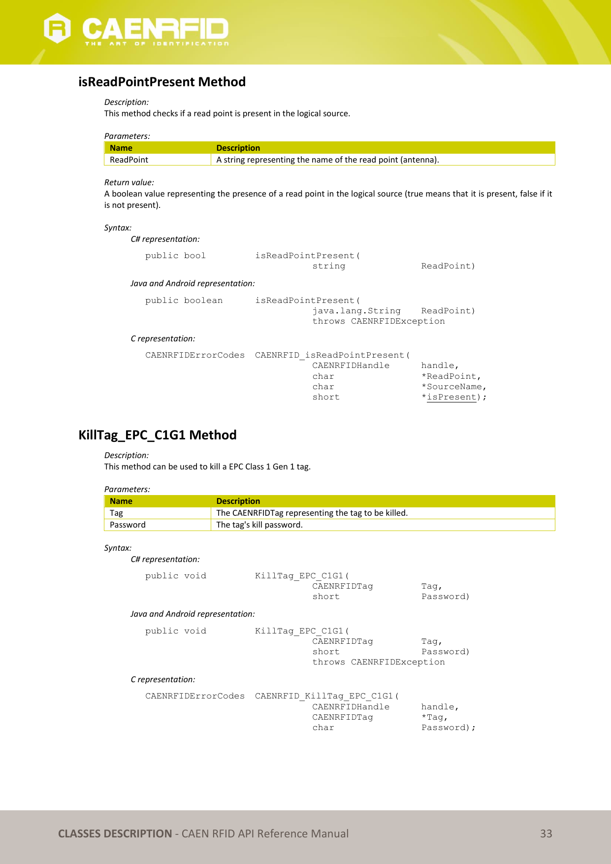 CLASSES DESCRIPTION - CAEN RFID API Reference Manual 33 isReadPointPresent Method Description: This method checks if a read point is present in the logical source. Parameters: Name Description ReadPoint A string representing the name of the read point (antenna). Return value: A boolean value representing the presence of a read point in the logical source (true means that it is present, false if it is not present). Syntax: C# representation: public bool isReadPointPresent( string ReadPoint) Java and Android representation: public boolean isReadPointPresent( java.lang.String ReadPoint) throws CAENRFIDException C representation: CAENRFIDErrorCodes CAENRFID_isReadPointPresent( CAENRFIDHandle handle, char *ReadPoint, char *SourceName, short *isPresent); KillTag_EPC_C1G1 Method Description: This method can be used to kill a EPC Class 1 Gen 1 tag. Parameters: Name Description Tag The CAENRFIDTag representing the tag to be killed. Password The tag's kill password. Syntax: C# representation: public void KillTag_EPC_C1G1( CAENRFIDTag Tag, short Password) Java and Android representation: public void KillTag_EPC_C1G1( CAENRFIDTag Tag, short Password) throws CAENRFIDException C representation: CAENRFIDErrorCodes CAENRFID_KillTag_EPC_C1G1( CAENRFIDHandle handle, CAENRFIDTag *Tag, char Password);