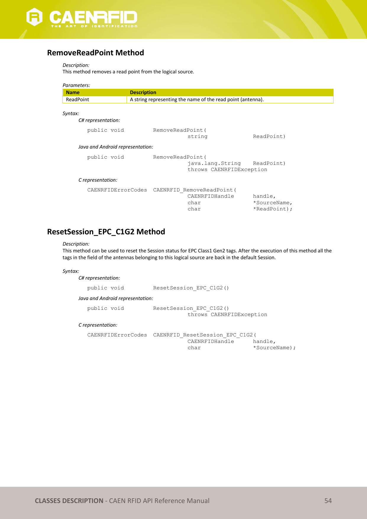 CLASSES DESCRIPTION - CAEN RFID API Reference Manual 54 RemoveReadPoint Method Description: This method removes a read point from the logical source. Parameters: Name Description ReadPoint A string representing the name of the read point (antenna). Syntax: C# representation: public void RemoveReadPoint( string ReadPoint) Java and Android representation: public void RemoveReadPoint( java.lang.String ReadPoint) throws CAENRFIDException C representation: CAENRFIDErrorCodes CAENRFID_RemoveReadPoint( CAENRFIDHandle handle, char *SourceName, char *ReadPoint); ResetSession_EPC_C1G2 Method Description: This method can be used to reset the Session status for EPC Class1 Gen2 tags. After the execution of this method all the tags in the field of the antennas belonging to this logical source are back in the default Session. Syntax: C# representation: public void ResetSession_EPC_C1G2() Java and Android representation: public void ResetSession_EPC_C1G2() throws CAENRFIDException C representation: CAENRFIDErrorCodes CAENRFID_ResetSession_EPC_C1G2( CAENRFIDHandle handle, char *SourceName);