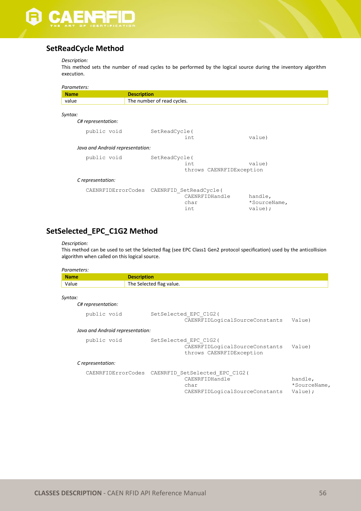 CLASSES DESCRIPTION - CAEN RFID API Reference Manual 56 SetReadCycle Method Description: This method sets the number of read cycles to be performed by the logical source during the inventory algorithm execution. Parameters: Name Description value The number of read cycles. Syntax: C# representation: public void SetReadCycle( int value) Java and Android representation: public void SetReadCycle( int value) throws CAENRFIDException C representation: CAENRFIDErrorCodes CAENRFID_SetReadCycle( CAENRFIDHandle handle, char *SourceName, int value); SetSelected_EPC_C1G2 Method Description: This method can be used to set the Selected flag (see EPC Class1 Gen2 protocol specification) used by the anticollision algorithm when called on this logical source. Parameters: Name Description Value The Selected flag value. Syntax: C# representation: public void SetSelected_EPC_C1G2( CAENRFIDLogicalSourceConstants Value) Java and Android representation: public void SetSelected_EPC_C1G2( CAENRFIDLogicalSourceConstants Value) throws CAENRFIDException C representation: CAENRFIDErrorCodes CAENRFID_SetSelected_EPC_C1G2( CAENRFIDHandle handle, char *SourceName, CAENRFIDLogicalSourceConstants Value);
