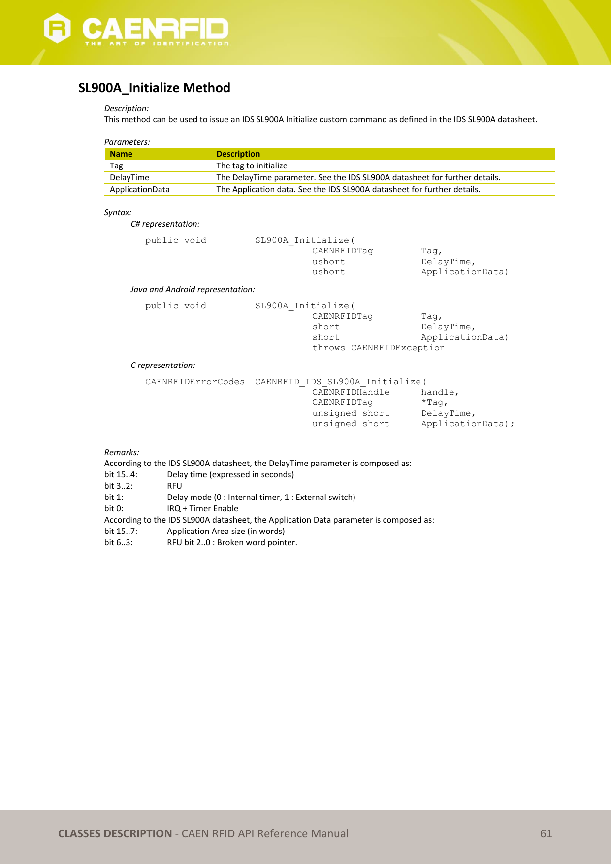 CLASSES DESCRIPTION - CAEN RFID API Reference Manual 61 SL900A_Initialize Method Description: This method can be used to issue an IDS SL900A Initialize custom command as defined in the IDS SL900A datasheet. Parameters: Name Description Tag The tag to initialize DelayTime The DelayTime parameter. See the IDS SL900A datasheet for further details. ApplicationData The Application data. See the IDS SL900A datasheet for further details. Syntax: C# representation: public void SL900A_Initialize( CAENRFIDTag Tag, ushort DelayTime, ushort ApplicationData) Java and Android representation: public void SL900A_Initialize( CAENRFIDTag Tag, short DelayTime, short ApplicationData) throws CAENRFIDException C representation: CAENRFIDErrorCodes CAENRFID_IDS_SL900A_Initialize( CAENRFIDHandle handle, CAENRFIDTag *Tag, unsigned short DelayTime, unsigned short ApplicationData); Remarks: According to the IDS SL900A datasheet, the DelayTime parameter is composed as: bit 15..4: Delay time (expressed in seconds) bit 3..2: RFU bit 1: Delay mode (0 : Internal timer, 1 : External switch) bit 0: IRQ + Timer Enable According to the IDS SL900A datasheet, the Application Data parameter is composed as: bit 15..7: Application Area size (in words) bit 6..3: RFU bit 2..0 : Broken word pointer.