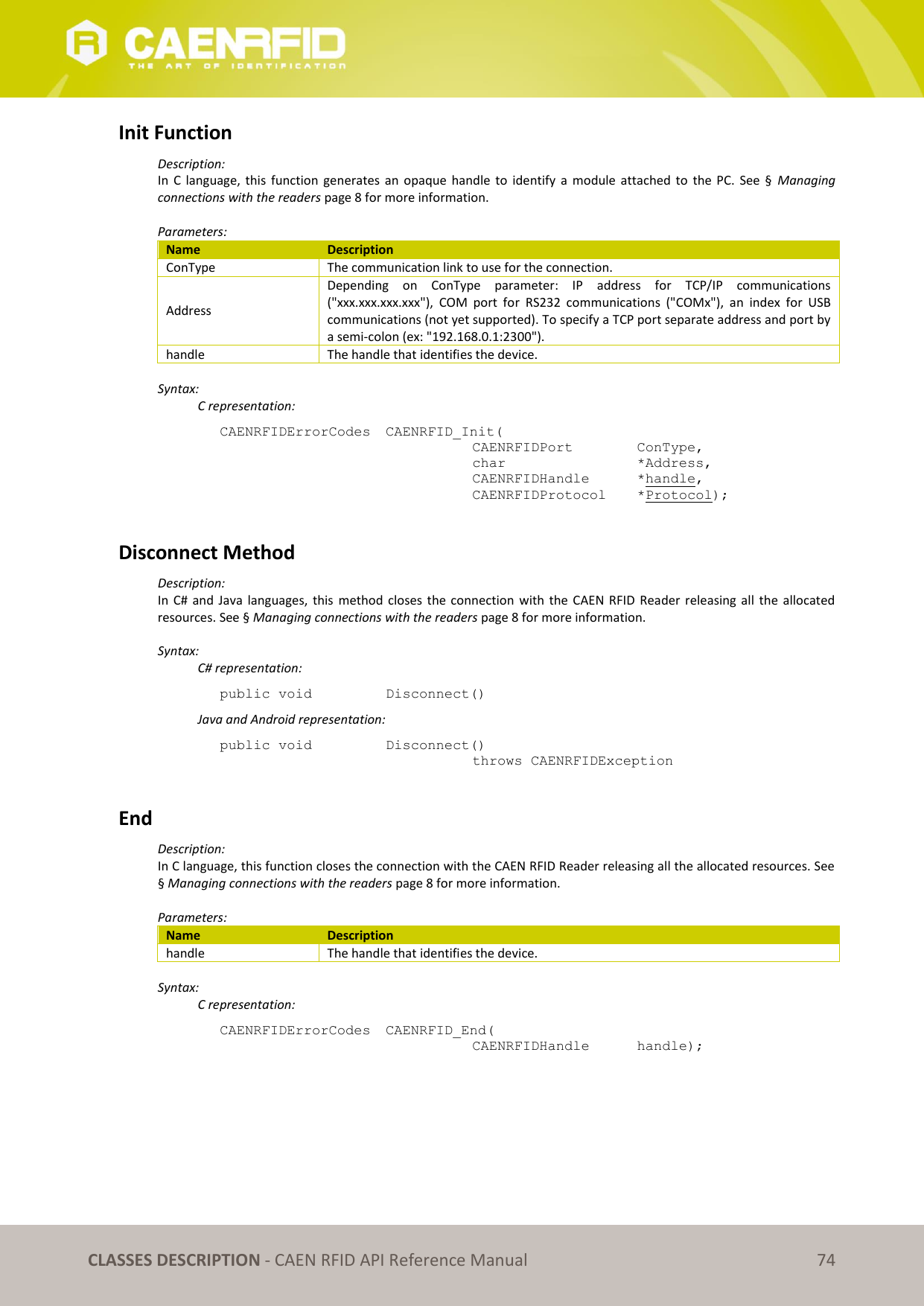 CLASSES DESCRIPTION - CAEN RFID API Reference Manual 74 Init Function Description: In C language, this function generates an opaque handle to identify a module attached to the PC. See § Managing connections with the readers page 8 for more information. Parameters: Name Description ConType The communication link to use for the connection. Address Depending on ConType parameter: IP address for TCP/IP communications ("xxx.xxx.xxx.xxx"), COM port for RS232 communications ("COMx"), an index for USB communications (not yet supported). To specify a TCP port separate address and port by a semi-colon (ex: "192.168.0.1:2300"). handle The handle that identifies the device. Syntax: C representation: CAENRFIDErrorCodes CAENRFID_Init( CAENRFIDPort ConType, char *Address, CAENRFIDHandle *handle, CAENRFIDProtocol *Protocol); Disconnect Method Description: In C# and Java languages, this method closes the connection with the CAEN RFID Reader releasing all the allocated resources. See § Managing connections with the readers page 8 for more information. Syntax: C# representation: public void Disconnect() Java and Android representation: public void Disconnect() throws CAENRFIDException End Description: In C language, this function closes the connection with the CAEN RFID Reader releasing all the allocated resources. See § Managing connections with the readers page 8 for more information. Parameters: Name Description handle The handle that identifies the device. Syntax: C representation: CAENRFIDErrorCodes CAENRFID_End( CAENRFIDHandle handle);