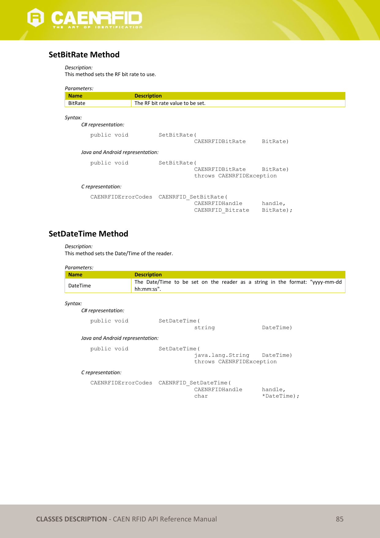 CLASSES DESCRIPTION - CAEN RFID API Reference Manual 85 SetBitRate Method Description: This method sets the RF bit rate to use. Parameters: Name Description BitRate The RF bit rate value to be set. Syntax: C# representation: public void SetBitRate( CAENRFIDBitRate BitRate) Java and Android representation: public void SetBitRate( CAENRFIDBitRate BitRate) throws CAENRFIDException C representation: CAENRFIDErrorCodes CAENRFID_SetBitRate( CAENRFIDHandle handle, CAENRFID_Bitrate BitRate); SetDateTime Method Description: This method sets the Date/Time of the reader. Parameters: Name Description DateTime The Date/Time to be set on the reader as a string in the format: "yyyy-mm-dd hh:mm:ss". Syntax: C# representation: public void SetDateTime( string DateTime) Java and Android representation: public void SetDateTime( java.lang.String DateTime) throws CAENRFIDException C representation: CAENRFIDErrorCodes CAENRFID_SetDateTime( CAENRFIDHandle handle, char *DateTime);