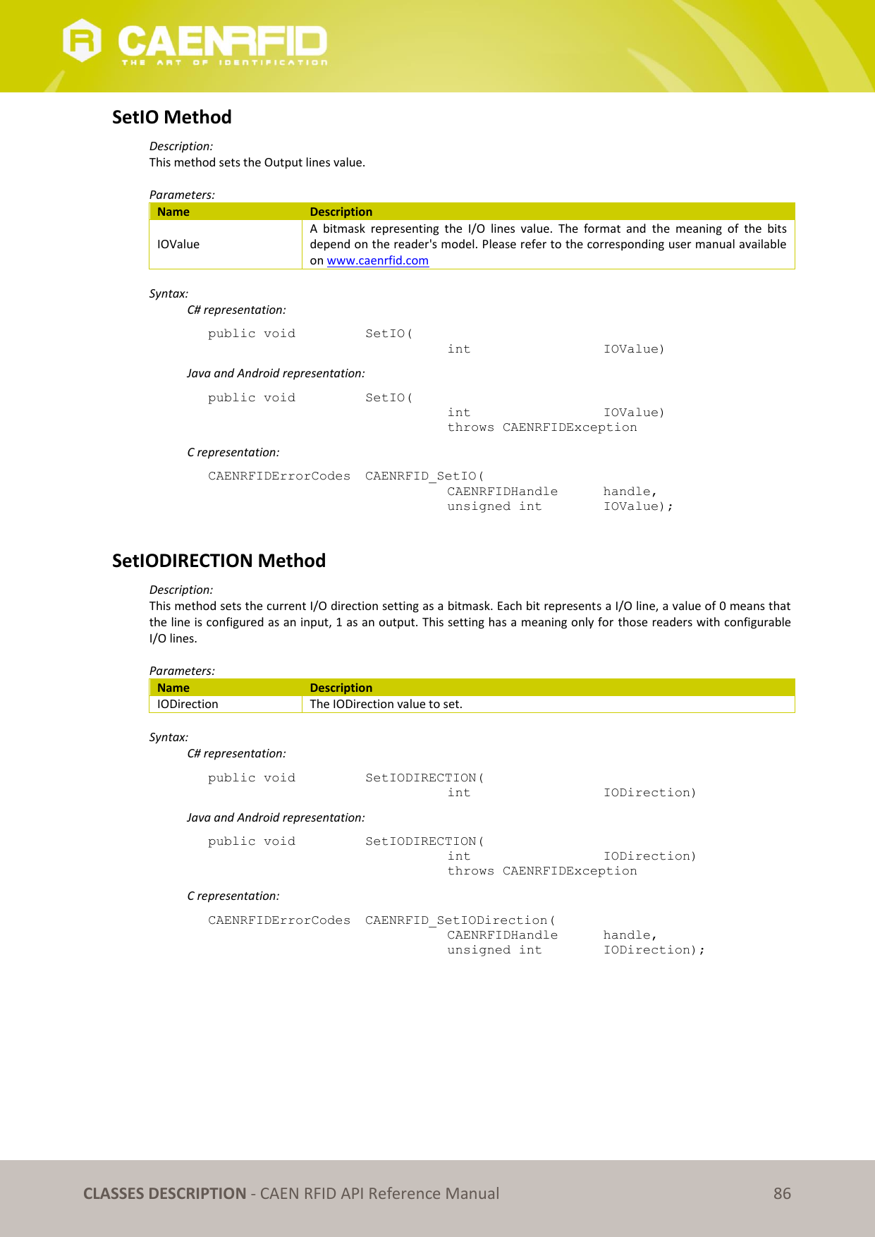 CLASSES DESCRIPTION - CAEN RFID API Reference Manual 86 SetIO Method Description: This method sets the Output lines value. Parameters: Name Description IOValue A bitmask representing the I/O lines value. The format and the meaning of the bits depend on the reader's model. Please refer to the corresponding user manual available on www.caenrfid.com Syntax: C# representation: public void SetIO( int IOValue) Java and Android representation: public void SetIO( int IOValue) throws CAENRFIDException C representation: CAENRFIDErrorCodes CAENRFID_SetIO( CAENRFIDHandle handle, unsigned int IOValue); SetIODIRECTION Method Description: This method sets the current I/O direction setting as a bitmask. Each bit represents a I/O line, a value of 0 means that the line is configured as an input, 1 as an output. This setting has a meaning only for those readers with configurable I/O lines. Parameters: Name Description IODirection The IODirection value to set. Syntax: C# representation: public void SetIODIRECTION( int IODirection) Java and Android representation: public void SetIODIRECTION( int IODirection) throws CAENRFIDException C representation: CAENRFIDErrorCodes CAENRFID_SetIODirection( CAENRFIDHandle handle, unsigned int IODirection);