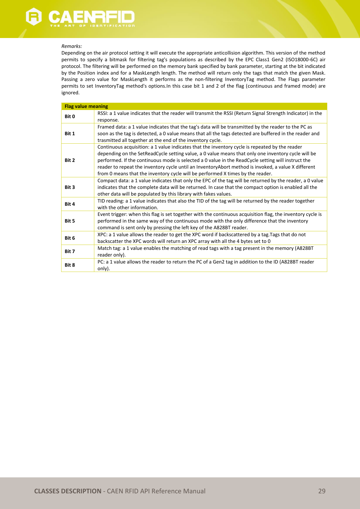   CLASSES DESCRIPTION - CAEN RFID API Reference Manual 29 Remarks: Depending on the air protocol setting it will execute the appropriate anticollision algorithm. This version of the method permits  to  specify  a  bitmask  for  filtering  tag&apos;s  populations  as  described  by  the  EPC  Class1  Gen2  (ISO18000-6C)  air protocol. The filtering will be performed on the memory bank specified by bank parameter, starting at the bit indicated by the Position index and for a MaskLength length. The method will return only the tags that match the given Mask. Passing  a  zero  value  for  MaskLength  it  performs  as  the  non-filtering  InventoryTag  method.  The  Flags  parameter permits to set InventoryTag method&apos;s options.In this case bit 1 and 2 of the flag (continuous and framed mode) are ignored.  Flag value meaning Bit 0 RSSI: a 1 value indicates that the reader will transmit the RSSI (Return Signal Strength Indicator) in the response. Bit 1 Framed data: a 1 value indicates that the tag&apos;s data will be transmitted by the reader to the PC as soon as the tag is detected, a 0 value means that all the tags detected are buffered in the reader and trasmitted all together at the end of the inventory cycle. Bit 2 Continuous acquisition: a 1 value indicates that the inventory cycle is repeated by the reader depending on the SetReadCycle setting value, a 0 value means that only one inventory cycle will be performed. If the continuous mode is selected a 0 value in the ReadCycle setting will instruct the reader to repeat the inventory cycle until an InventoryAbort method is invoked, a value X different from 0 means that the inventory cycle will be performed X times by the reader. Bit 3 Compact data: a 1 value indicates that only the EPC of the tag will be returned by the reader, a 0 value indicates that the complete data will be returned. In case that the compact option is enabled all the other data will be populated by this library with fakes values. Bit 4 TID reading: a 1 value indicates that also the TID of the tag will be returned by the reader together with the other information. Bit 5 Event trigger: when this flag is set together with the continuous acquisition flag, the inventory cycle is performed in the same way of the continuous mode with the only difference that the inventory command is sent only by pressing the left key of the A828BT reader. Bit 6 XPC: a 1 value allows the reader to get the XPC word if backscattered by a tag.Tags that do not backscatter the XPC words will return an XPC array with all the 4 bytes set to 0 Bit 7 Match tag: a 1 value enables the matching of read tags with a tag present in the memory (A828BT reader only).  Bit 8 PC: a 1 value allows the reader to return the PC of a Gen2 tag in addition to the ID (A828BT reader only).  