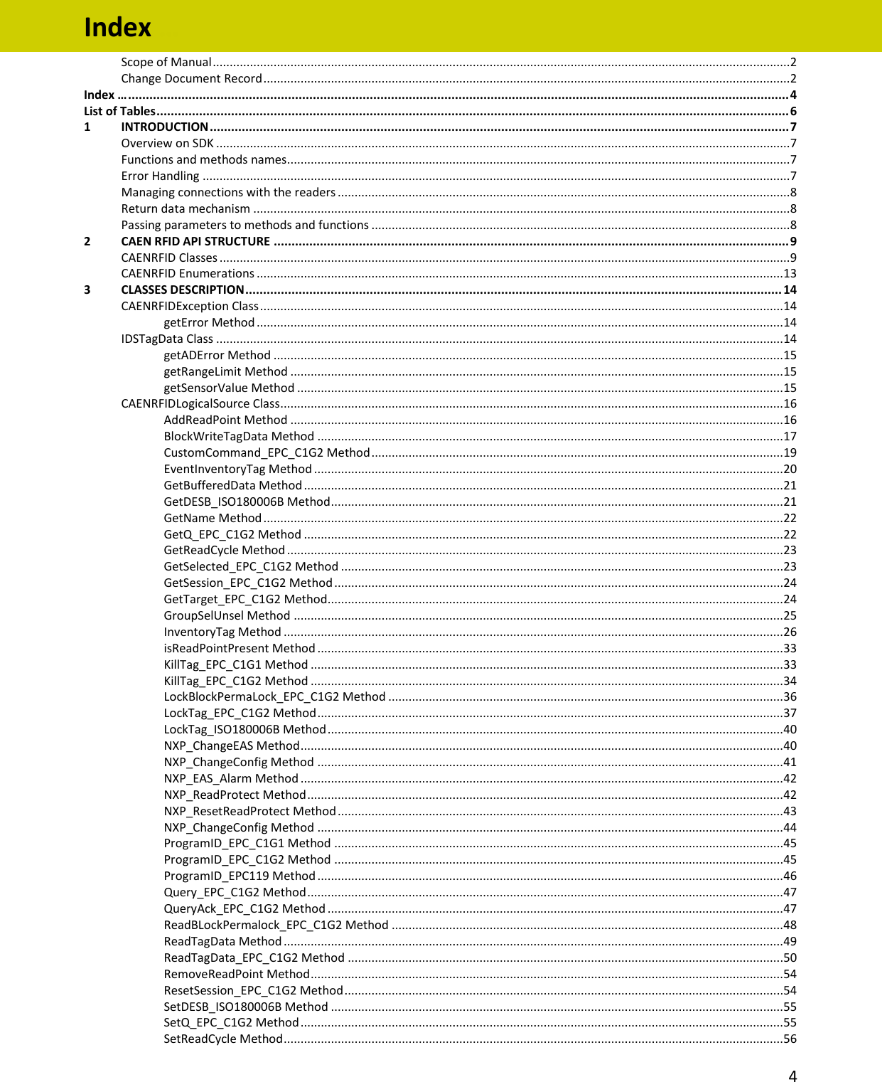   4  Index … Scope of Manual ...........................................................................................................................................................................2 Change Document Record ............................................................................................................................................................2 Index … .......................................................................................................................................................................................... 4 List of Tables .................................................................................................................................................................................. 6 1 INTRODUCTION ................................................................................................................................................................... 7 Overview on SDK ..........................................................................................................................................................................7 Functions and methods names.....................................................................................................................................................7 Error Handling ..............................................................................................................................................................................7 Managing connections with the readers ......................................................................................................................................8 Return data mechanism ...............................................................................................................................................................8 Passing parameters to methods and functions ............................................................................................................................8 2 CAEN RFID API STRUCTURE ................................................................................................................................................. 9 CAENRFID Classes .........................................................................................................................................................................9 CAENRFID Enumerations ............................................................................................................................................................13 3 CLASSES DESCRIPTION ....................................................................................................................................................... 14 CAENRFIDException Class ...........................................................................................................................................................14 getError Method ............................................................................................................................................................14 IDSTagData Class ........................................................................................................................................................................14 getADError Method .......................................................................................................................................................15 getRangeLimit Method ..................................................................................................................................................15 getSensorValue Method ................................................................................................................................................15 CAENRFIDLogicalSource Class.....................................................................................................................................................16 AddReadPoint Method ..................................................................................................................................................16 BlockWriteTagData Method ..........................................................................................................................................17 CustomCommand_EPC_C1G2 Method ..........................................................................................................................19 EventInventoryTag Method ...........................................................................................................................................20 GetBufferedData Method ..............................................................................................................................................21 GetDESB_ISO180006B Method ......................................................................................................................................21 GetName Method ..........................................................................................................................................................22 GetQ_EPC_C1G2 Method ..............................................................................................................................................22 GetReadCycle Method ...................................................................................................................................................23 GetSelected_EPC_C1G2 Method ...................................................................................................................................23 GetSession_EPC_C1G2 Method .....................................................................................................................................24 GetTarget_EPC_C1G2 Method.......................................................................................................................................24 GroupSelUnsel Method .................................................................................................................................................25 InventoryTag Method ....................................................................................................................................................26 isReadPointPresent Method ..........................................................................................................................................33 KillTag_EPC_C1G1 Method ............................................................................................................................................33 KillTag_EPC_C1G2 Method ............................................................................................................................................34 LockBlockPermaLock_EPC_C1G2 Method .....................................................................................................................36 LockTag_EPC_C1G2 Method ..........................................................................................................................................37 LockTag_ISO180006B Method .......................................................................................................................................40 NXP_ChangeEAS Method ...............................................................................................................................................40 NXP_ChangeConfig Method ..........................................................................................................................................41 NXP_EAS_Alarm Method ...............................................................................................................................................42 NXP_ReadProtect Method .............................................................................................................................................42 NXP_ResetReadProtect Method ....................................................................................................................................43 NXP_ChangeConfig Method ..........................................................................................................................................44 ProgramID_EPC_C1G1 Method .....................................................................................................................................45 ProgramID_EPC_C1G2 Method .....................................................................................................................................45 ProgramID_EPC119 Method ..........................................................................................................................................46 Query_EPC_C1G2 Method .............................................................................................................................................47 QueryAck_EPC_C1G2 Method .......................................................................................................................................47 ReadBLockPermalock_EPC_C1G2 Method ....................................................................................................................48 ReadTagData Method ....................................................................................................................................................49 ReadTagData_EPC_C1G2 Method .................................................................................................................................50 RemoveReadPoint Method ............................................................................................................................................54 ResetSession_EPC_C1G2 Method ..................................................................................................................................54 SetDESB_ISO180006B Method ......................................................................................................................................55 SetQ_EPC_C1G2 Method ...............................................................................................................................................55 SetReadCycle Method ....................................................................................................................................................56 