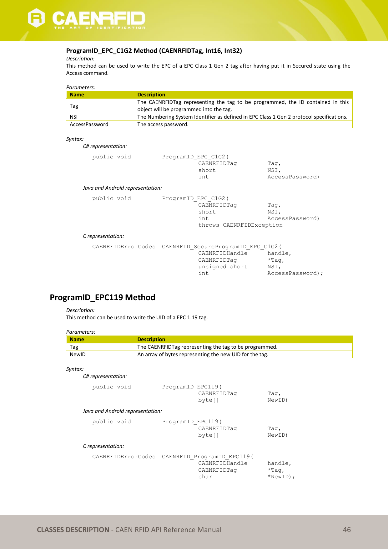   CLASSES DESCRIPTION - CAEN RFID API Reference Manual 46 ProgramID_EPC_C1G2 Method (CAENRFIDTag, Int16, Int32) Description: This method can  be used to write the EPC of  a EPC  Class 1 Gen 2 tag after having put it  in Secured state  using the Access command.  Parameters: Name Description Tag The  CAENRFIDTag  representing  the  tag  to  be  programmed,  the  ID  contained  in  this object will be programmed into the tag. NSI The Numbering System Identifier as defined in EPC Class 1 Gen 2 protocol specifications. AccessPassword The access password.  Syntax:   C# representation: public void   ProgramID_EPC_C1G2(   CAENRFIDTag    Tag,   short      NSI,   int       AccessPassword)   Java and Android representation: public void   ProgramID_EPC_C1G2(   CAENRFIDTag    Tag,   short      NSI,   int       AccessPassword)   throws CAENRFIDException   C representation: CAENRFIDErrorCodes  CAENRFID_SecureProgramID_EPC_C1G2(   CAENRFIDHandle   handle,   CAENRFIDTag    *Tag,   unsigned short   NSI,   int       AccessPassword);  ProgramID_EPC119 Method Description: This method can be used to write the UID of a EPC 1.19 tag.  Parameters: Name Description Tag The CAENRFIDTag representing the tag to be programmed. NewID An array of bytes representing the new UID for the tag.  Syntax:   C# representation: public void   ProgramID_EPC119(   CAENRFIDTag    Tag,   byte[]     NewID)   Java and Android representation: public void   ProgramID_EPC119(   CAENRFIDTag    Tag,   byte[]     NewID)   C representation: CAENRFIDErrorCodes  CAENRFID_ProgramID_EPC119(   CAENRFIDHandle   handle,   CAENRFIDTag    *Tag,   char       *NewID);  