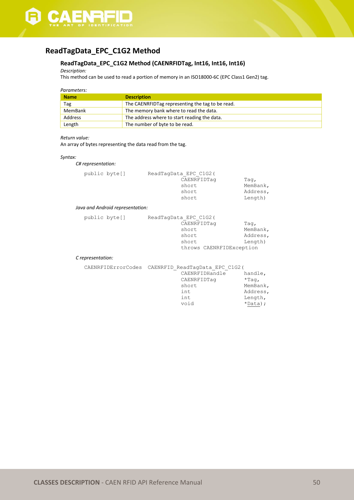   CLASSES DESCRIPTION - CAEN RFID API Reference Manual 50 ReadTagData_EPC_C1G2 Method  ReadTagData_EPC_C1G2 Method (CAENRFIDTag, Int16, Int16, Int16) Description: This method can be used to read a portion of memory in an ISO18000-6C (EPC Class1 Gen2) tag.  Parameters: Name Description Tag The CAENRFIDTag representing the tag to be read. MemBank The memory bank where to read the data. Address The address where to start reading the data. Length The number of byte to be read.  Return value: An array of bytes representing the data read from the tag.  Syntax:   C# representation: public byte[]   ReadTagData_EPC_C1G2(   CAENRFIDTag    Tag,   short      MemBank,   short      Address,   short      Length)   Java and Android representation: public byte[]   ReadTagData_EPC_C1G2(   CAENRFIDTag    Tag,   short      MemBank,   short      Address,   short      Length)   throws CAENRFIDException   C representation: CAENRFIDErrorCodes  CAENRFID_ReadTagData_EPC_C1G2(   CAENRFIDHandle   handle,   CAENRFIDTag    *Tag,   short      MemBank,   int       Address,   int       Length,   void       *Data);  