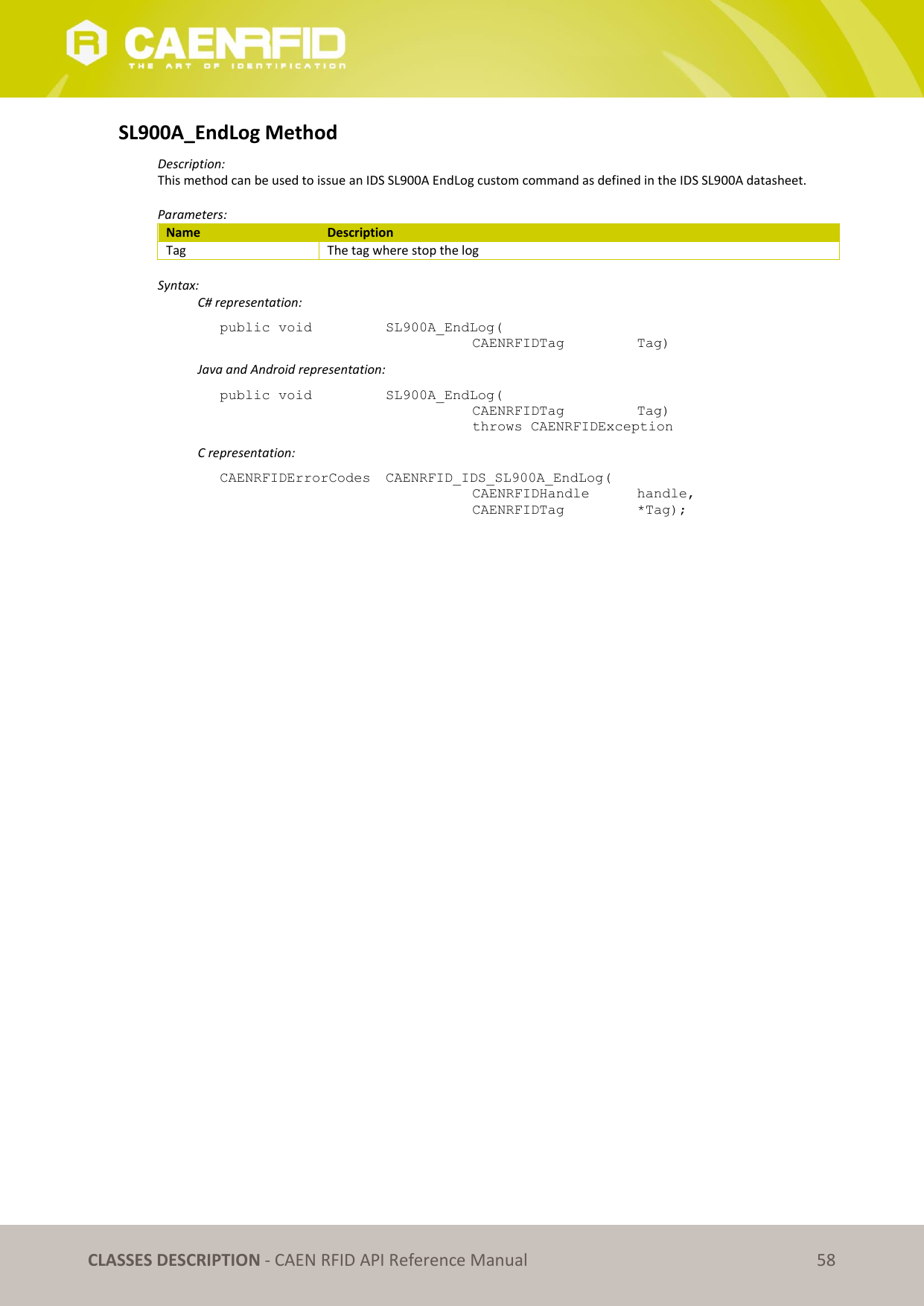   CLASSES DESCRIPTION - CAEN RFID API Reference Manual 58 SL900A_EndLog Method Description: This method can be used to issue an IDS SL900A EndLog custom command as defined in the IDS SL900A datasheet.  Parameters: Name Description Tag The tag where stop the log  Syntax:   C# representation: public void   SL900A_EndLog(   CAENRFIDTag    Tag)   Java and Android representation: public void   SL900A_EndLog(   CAENRFIDTag    Tag)   throws CAENRFIDException   C representation: CAENRFIDErrorCodes  CAENRFID_IDS_SL900A_EndLog(   CAENRFIDHandle   handle,   CAENRFIDTag    *Tag);  