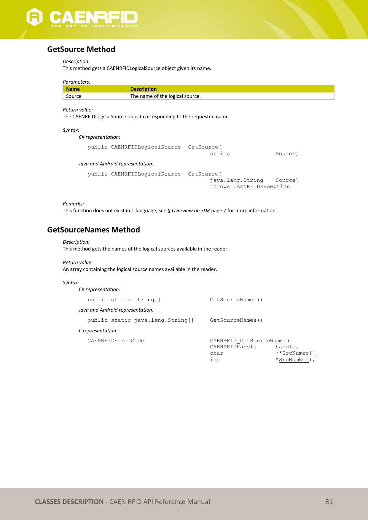   CLASSES DESCRIPTION - CAEN RFID API Reference Manual 81 GetSource Method Description: This method gets a CAENRFIDLogicalSource object given its name.  Parameters: Name Description Source The name of the logical source.  Return value: The CAENRFIDLogicalSource object corresponding to the requested name.  Syntax:   C# representation: public CAENRFIDLogicalSource  GetSource(     string     Source)   Java and Android representation: public CAENRFIDLogicalSource  GetSource(     java.lang.String   Source)     throws CAENRFIDException  Remarks: This function does not exist in C language, see § Overview on SDK page 7 for more information.  GetSourceNames Method Description: This method gets the names of the logical sources available in the reader.  Return value: An array containing the logical source names available in the reader.  Syntax:   C# representation: public static string[]       GetSourceNames()   Java and Android representation: public static java.lang.String[]   GetSourceNames()   C representation: CAENRFIDErrorCodes        CAENRFID_GetSourceNames(     CAENRFIDHandle  handle,     char      **SrcNames[],     int      *SrcNumber);  