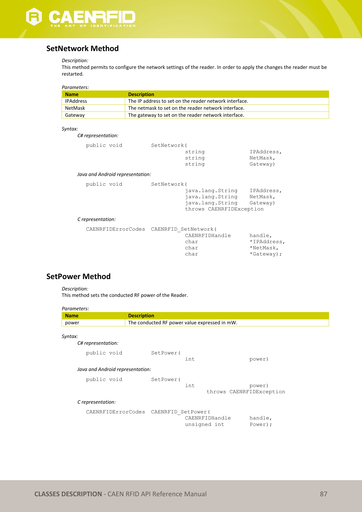   CLASSES DESCRIPTION - CAEN RFID API Reference Manual 87 SetNetwork Method Description: This method permits to configure the network settings of the reader. In order to apply the changes the reader must be restarted.  Parameters: Name Description IPAddress The IP address to set on the reader network interface. NetMask The netmask to set on the reader network interface. Gateway The gateway to set on the reader network interface.  Syntax:   C# representation: public void   SetNetwork(   string     IPAddress,   string     NetMask,   string     Gateway)   Java and Android representation: public void   SetNetwork(   java.lang.String   IPAddress,   java.lang.String   NetMask,   java.lang.String   Gateway)   throws CAENRFIDException   C representation: CAENRFIDErrorCodes  CAENRFID_SetNetwork(   CAENRFIDHandle   handle,   char       *IPAddress,   char       *NetMask,   char       *Gateway);  SetPower Method Description: This method sets the conducted RF power of the Reader.  Parameters: Name Description power The conducted RF power value expressed in mW.  Syntax:   C# representation: public void   SetPower(   int       power)  Java and Android representation: public void   SetPower(   int       power)     throws CAENRFIDException   C representation: CAENRFIDErrorCodes  CAENRFID_SetPower(   CAENRFIDHandle   handle,   unsigned int    Power); 