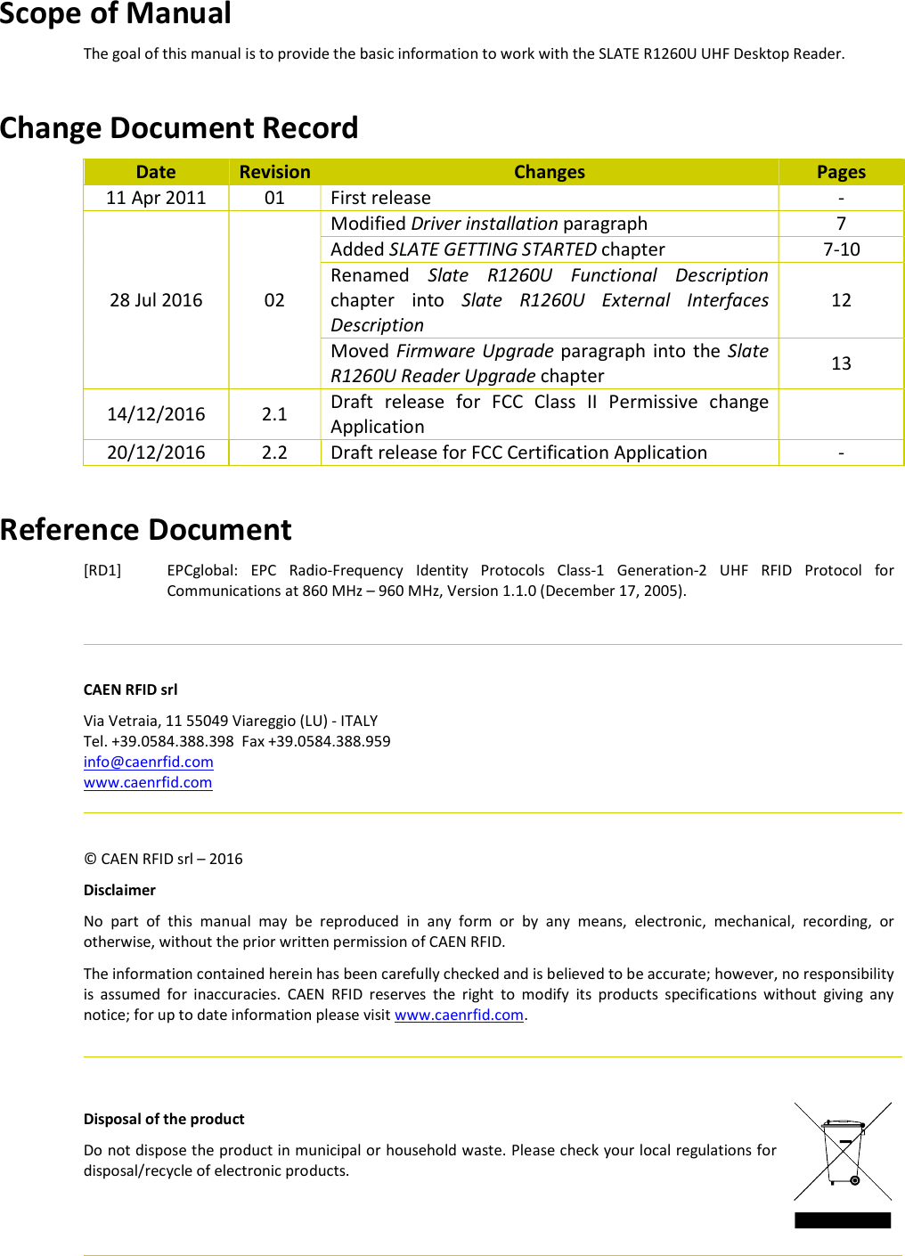  Scope of Manual The goal of this manual is to provide the basic information to work with the SLATE R1260U UHF Desktop Reader.  Change Document Record Date Revision Changes Pages 11 Apr 2011 01 First release - 28 Jul 2016  02 Modified Driver installation paragraph 7 Added SLATE GETTING STARTED chapter 7-10 Renamed Slate R1260U Functional  Description chapter  into  Slate  R1260U  External  Interfaces Description 12 Moved Firmware Upgrade paragraph into the Slate R1260U Reader Upgrade chapter  13 14/12/2016  2.1 Draft  release  for  FCC  Class  II  Permissive  change Application   20/12/2016 2.2 Draft release for FCC Certification Application -   Reference Document [RD1] EPCglobal:  EPC  Radio-Frequency  Identity  Protocols  Class-1  Generation-2  UHF  RFID  Protocol  for Communications at 860 MHz – 960 MHz, Version 1.1.0 (December 17, 2005).       CAEN RFID srl Via Vetraia, 11 55049 Viareggio (LU) - ITALY Tel. +39.0584.388.398  Fax +39.0584.388.959 info@caenrfid.com www.caenrfid.com       © CAEN RFID srl – 2016 Disclaimer No  part  of  this  manual  may  be  reproduced  in  any  form  or  by  any  means,  electronic,  mechanical,  recording,  or otherwise, without the prior written permission of CAEN RFID. The information contained herein has been carefully checked and is believed to be accurate; however, no responsibility is  assumed  for  inaccuracies.  CAEN  RFID  reserves  the  right  to  modify  its  products  specifications  without  giving  any notice; for up to date information please visit www.caenrfid.com.               Disposal of the product  Do not dispose the product in municipal or household waste. Please check your local regulations for disposal/recycle of electronic products.             