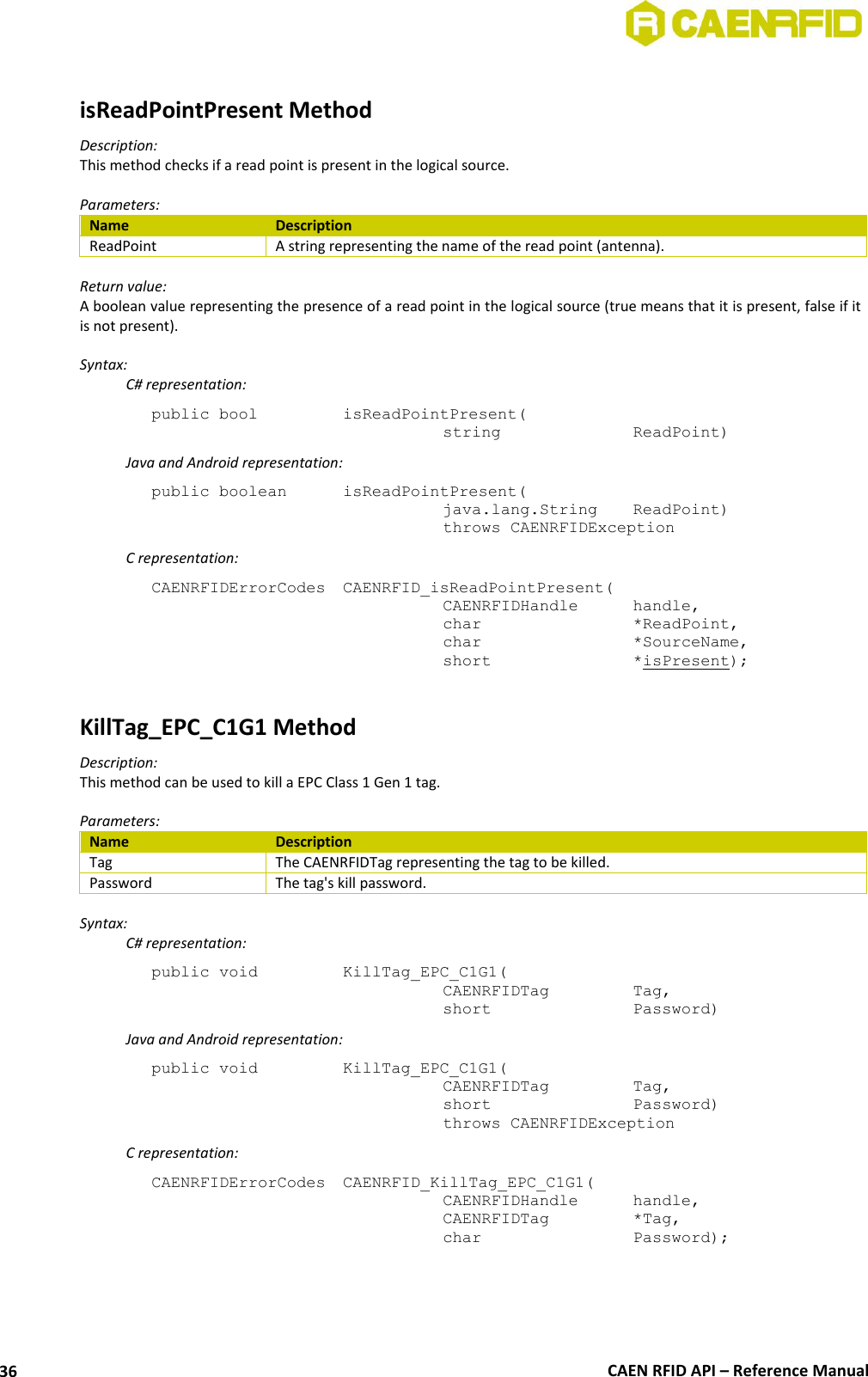 CAEN RFID API – Reference Manual 36 isReadPointPresent Method Description: This method checks if a read point is present in the logical source. Parameters: Name Description ReadPoint A string representing the name of the read point (antenna). Return value: A boolean value representing the presence of a read point in the logical source (true means that it is present, false if it is not present). Syntax: C# representation: public bool isReadPointPresent( string ReadPoint) Java and Android representation: public boolean isReadPointPresent( java.lang.String ReadPoint) throws CAENRFIDException C representation: CAENRFIDErrorCodes CAENRFID_isReadPointPresent( CAENRFIDHandle handle, char *ReadPoint, char *SourceName, short *isPresent); KillTag_EPC_C1G1 Method Description: This method can be used to kill a EPC Class 1 Gen 1 tag. Parameters: Name Description Tag The CAENRFIDTag representing the tag to be killed. Password The tag's kill password. Syntax: C# representation: public void KillTag_EPC_C1G1( CAENRFIDTag Tag, short Password) Java and Android representation: public void KillTag_EPC_C1G1( CAENRFIDTag Tag, short Password) throws CAENRFIDException C representation: CAENRFIDErrorCodes CAENRFID_KillTag_EPC_C1G1( CAENRFIDHandle handle, CAENRFIDTag *Tag, char Password);