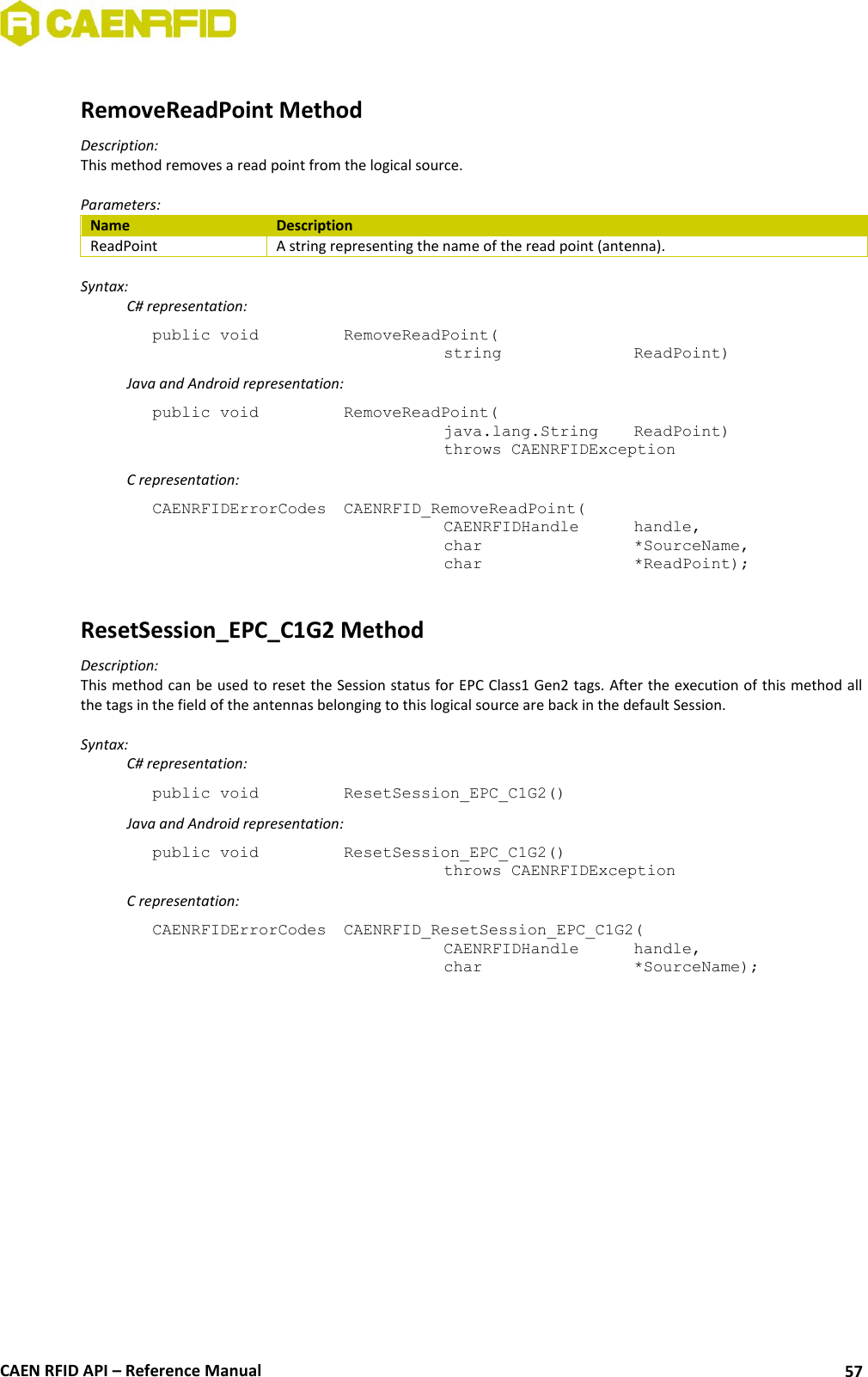 CAEN RFID API – Reference Manual 57 RemoveReadPoint Method Description: This method removes a read point from the logical source. Parameters: Name Description ReadPoint A string representing the name of the read point (antenna). Syntax: C# representation: public void RemoveReadPoint( string ReadPoint) Java and Android representation: public void RemoveReadPoint( java.lang.String ReadPoint) throws CAENRFIDException C representation: CAENRFIDErrorCodes CAENRFID_RemoveReadPoint( CAENRFIDHandle handle, char *SourceName, char *ReadPoint); ResetSession_EPC_C1G2 Method Description: This method can be used to reset the Session status for EPC Class1 Gen2 tags. After the execution of this method all the tags in the field of the antennas belonging to this logical source are back in the default Session. Syntax: C# representation: public void ResetSession_EPC_C1G2() Java and Android representation: public void ResetSession_EPC_C1G2() throws CAENRFIDException C representation: CAENRFIDErrorCodes CAENRFID_ResetSession_EPC_C1G2( CAENRFIDHandle handle, char *SourceName);