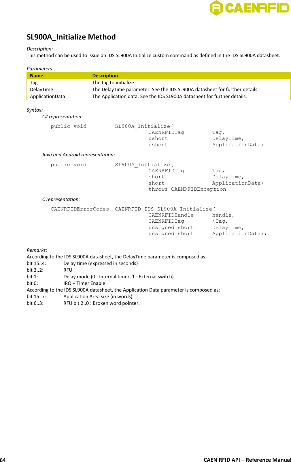 CAEN RFID API – Reference Manual 64 SL900A_Initialize Method Description: This method can be used to issue an IDS SL900A Initialize custom command as defined in the IDS SL900A datasheet. Parameters: Name Description Tag The tag to initialize DelayTime The DelayTime parameter. See the IDS SL900A datasheet for further details. ApplicationData The Application data. See the IDS SL900A datasheet for further details. Syntax: C# representation: public void SL900A_Initialize( CAENRFIDTag Tag, ushort DelayTime, ushort ApplicationData) Java and Android representation: public void SL900A_Initialize( CAENRFIDTag Tag, short DelayTime, short ApplicationData) throws CAENRFIDException C representation: CAENRFIDErrorCodes CAENRFID_IDS_SL900A_Initialize( CAENRFIDHandle handle, CAENRFIDTag *Tag, unsigned short DelayTime, unsigned short ApplicationData); Remarks: According to the IDS SL900A datasheet, the DelayTime parameter is composed as: bit 15..4: Delay time (expressed in seconds) bit 3..2: RFU bit 1: Delay mode (0 : Internal timer, 1 : External switch) bit 0: IRQ + Timer Enable According to the IDS SL900A datasheet, the Application Data parameter is composed as: bit 15..7: Application Area size (in words) bit 6..3: RFU bit 2..0 : Broken word pointer.