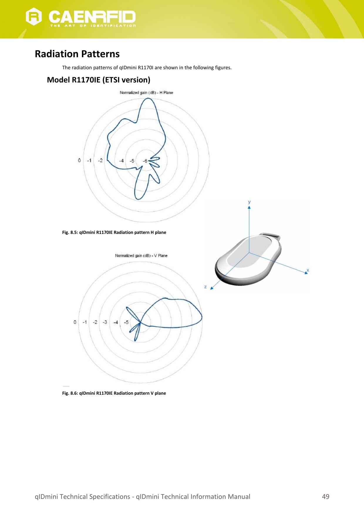 Radiation PatternsThe radiation patterns of qIDmini R1170I are shown in the following figures. Model R1170IE (ETSI version)Fig. 8.5: qIDmini R1170IE Radiation pattern H planeFig. 8.6: qIDmini R1170IE Radiation pattern V planeqIDmini Technical Specifications - qIDmini Technical Information Manual 49