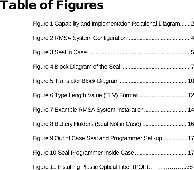  Table of Figures  Figure 1 Capability and Implementation Relational Diagram ....... 2 Figure 2 RMSA System Configuration .......................................... 4 Figure 3 Seal in Case .................................................................... 5 Figure 4 Block Diagram of the Seal .............................................. 7 Figure 5 Translator Block Diagram ............................................. 10 Figure 6 Type Length Value (TLV) Format ................................. 12 Figure 7 Example RMSA System Installation ............................. 14 Figure 8 Battery Holders (Seal Not in Case) .............................. 16 Figure 9 Out of Case Seal and Programmer Set -up ................. 17 Figure 10 Seal Programmer Inside Case ................................... 17 Figure 11 Installing Plastic Optical Fiber (POF)………………..38  