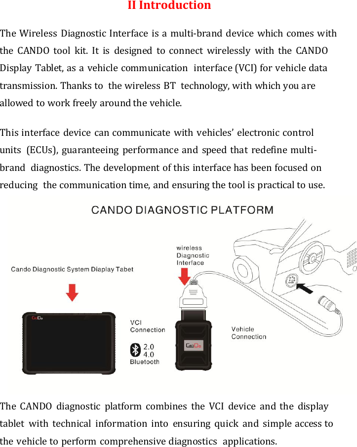  II Introduction  The Wireless Diagnostic Interface is a multi-brand device which comes with the  CANDO  tool  kit.  It is  designed  to  connect  wirelessly  with  the CANDO Display Tablet, as a vehicle communication  interface (VCI) for vehicle data transmission. Thanks to  the wireless BT  technology, with which you are allowed to work freely around the vehicle.  This interface device can communicate with vehicles’ electronic control units  (ECUs),  guaranteeing  performance and speed that redefine multi-brand  diagnostics. The development of this interface has been focused on reducing  the communication time, and ensuring the tool is practical to use.  The CANDO  diagnostic  platform  combines  the  VCI  device  and the  display tablet  with  technical  information into  ensuring  quick  and  simple access to the vehicle to perform comprehensive diagnostics  applications. 