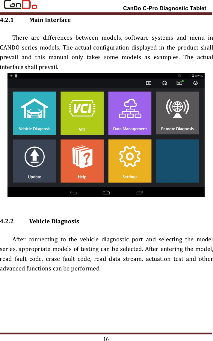 CanDo C-Pro Diagnostic Tablet164.2.1 Main InterfaceThere are differences between models, software systems and menu inCANDO series models. The actual configuration displayed in the product shallprevail and this manual only takes some models as examples. The actualinterface shall prevail.4.2.2 Vehicle DiagnosisAfter connecting to the vehicle diagnostic port and selecting the modelseries, appropriate models of testing can be selected. After entering the model,read fault code, erase fault code, read data stream, actuation test and otheradvanced functions can be performed.
