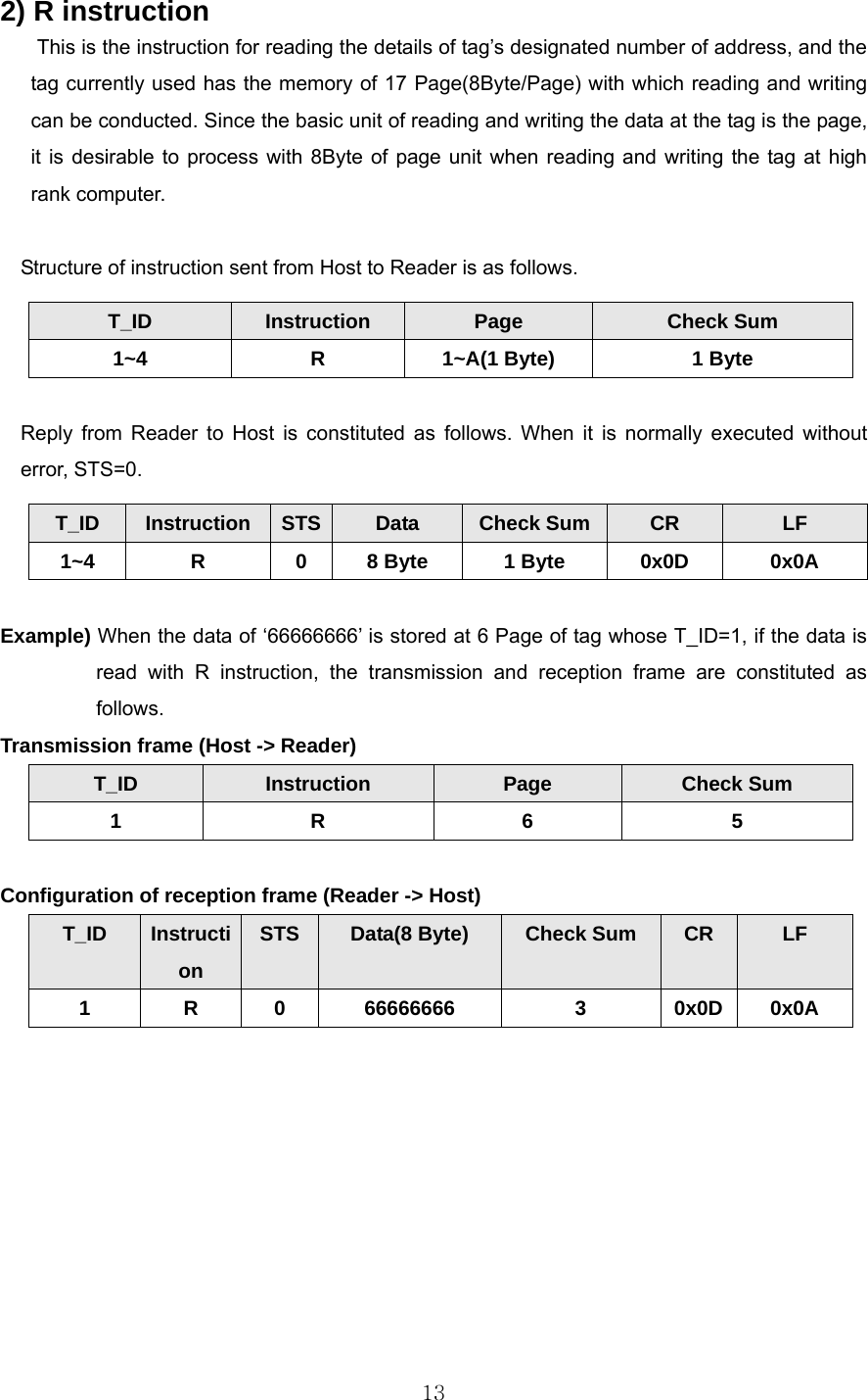  132) R instruction This is the instruction for reading the details of tag’s designated number of address, and the tag currently used has the memory of 17 Page(8Byte/Page) with which reading and writing can be conducted. Since the basic unit of reading and writing the data at the tag is the page, it is desirable to process with 8Byte of page unit when reading and writing the tag at high rank computer.    Structure of instruction sent from Host to Reader is as follows.  Reply from Reader to Host is constituted as follows. When it is normally executed without error, STS=0.  Example) When the data of ‘66666666’ is stored at 6 Page of tag whose T_ID=1, if the data is read with R instruction, the transmission and reception frame are constituted as follows.  Transmission frame (Host -&gt; Reader) T_ID  Instruction  Page  Check Sum 1 R  6  5  Configuration of reception frame (Reader -&gt; Host)         T_ID  Instruction  Page  Check Sum 1~4 R 1~A(1 Byte) 1 Byte T_ID  Instruction  STS  Data  Check Sum CR  LF 1~4  R  0  8 Byte  1 Byte  0x0D  0x0A T_ID  Instruction STS  Data(8 Byte)  Check Sum  CR  LF 1 R 0 66666666  3 0x0D 0x0A 