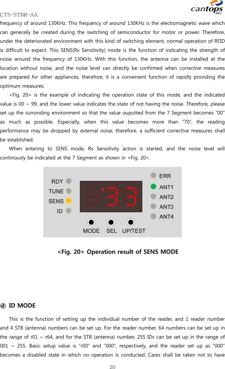 CTS-STBR-AA      20frequency of around 130KHz. This frequency of around 130KHz is the electromagnetic wave which can  generally  be  created during  the  switching  of semiconductor  for  motor  or  power.  Therefore, under the deteriorated environment with this kind of switching element, normal operation of RFID is difficult to expect. This SENS(Rx Sensitivity) mode is the function of indicating the strength of noise around the frequency of 130KHz. With this function, the antenna  can  be  installed  at  the location without noise,  and  the  noise  level  can  directly be  confirmed  when  corrective measures are prepared for other  appliances, therefore, it is  a  convenient function of rapidly providing the optimum measures.  &lt;Fig.  20&gt;  is  the  example  of indicating  the  operation  state  of this mode, and  the  indicated value is 00 ~ 99, and the lower value indicates the state of not having the noise. Therefore, please set up the surronding environment so that the value ouputted from the 7 Segment becomes “00” as much as possible. Especially, when this value becomes more than  “70”,  the  reading performance  may be dropped by external noise, therefore, a sufficient corrective measures shall be established.   When  entering  to  SENS  mode,  Rx  Sensitivity  action  is  started,  and the noise level will continously be indicated at the 7 Segment as shown in &lt;Fig. 20&gt;.   &lt;Fig. 20&gt; Operation result of SENS MODE   ⓓ  ID MODE This is the function of setting up the individual number of the reader, and 1 reader number and 4 STB (antenna) numbers can be set up. For the reader number, 64 numbers can be set up in the range of r01 ~ r64, and for the STB (antenna) number, 255 IDs can be set up in the range of 001  ~  255.  Basic  setup  value  is  “r00”  and  “000”,  respectively,  and  the  reader  set  up  as  “000” becomes a disabled state in which no operation is conducted. Cares shall be taken not to have 