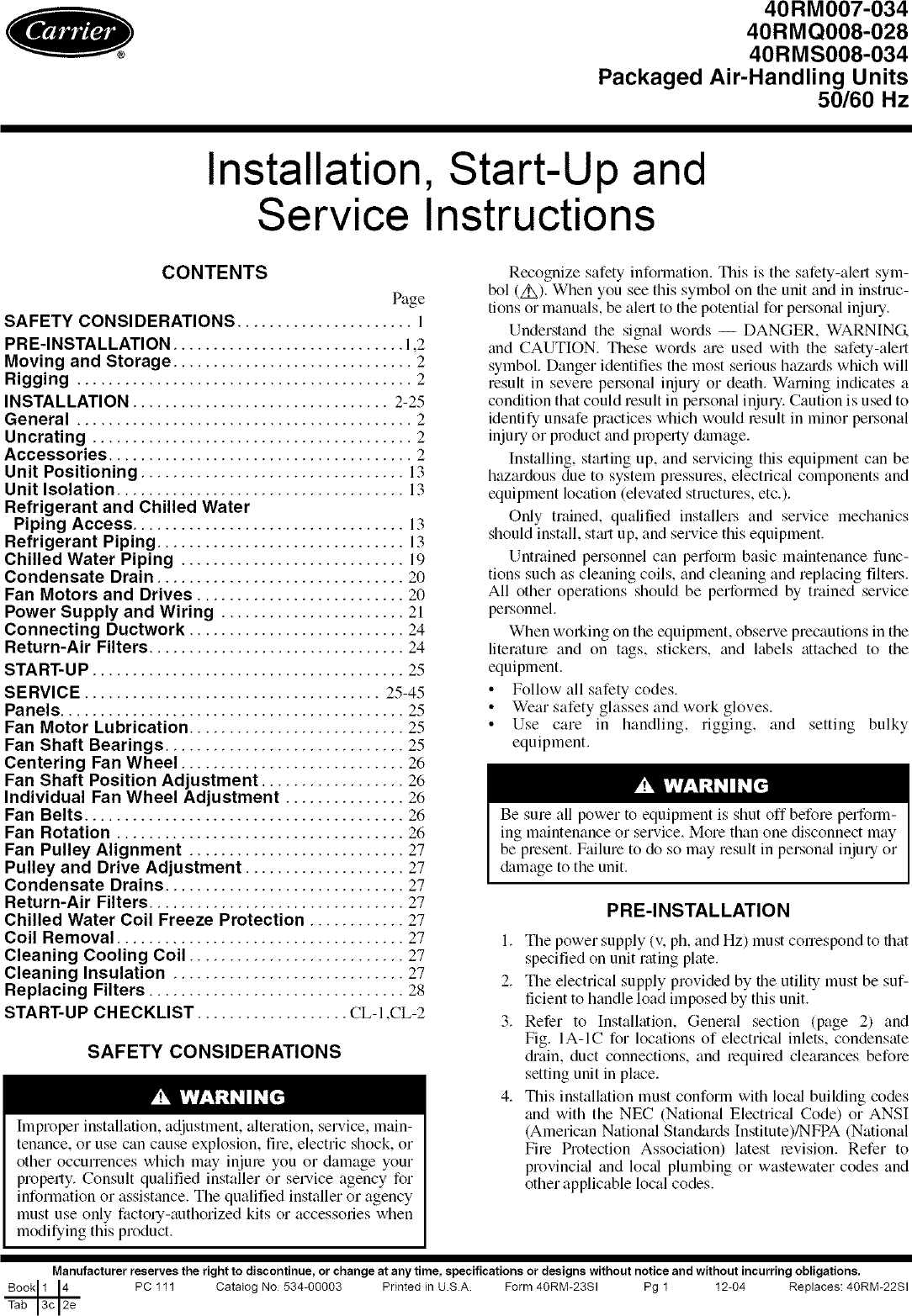 CARRIER Package Units(both Units Combined) Manual L0502456