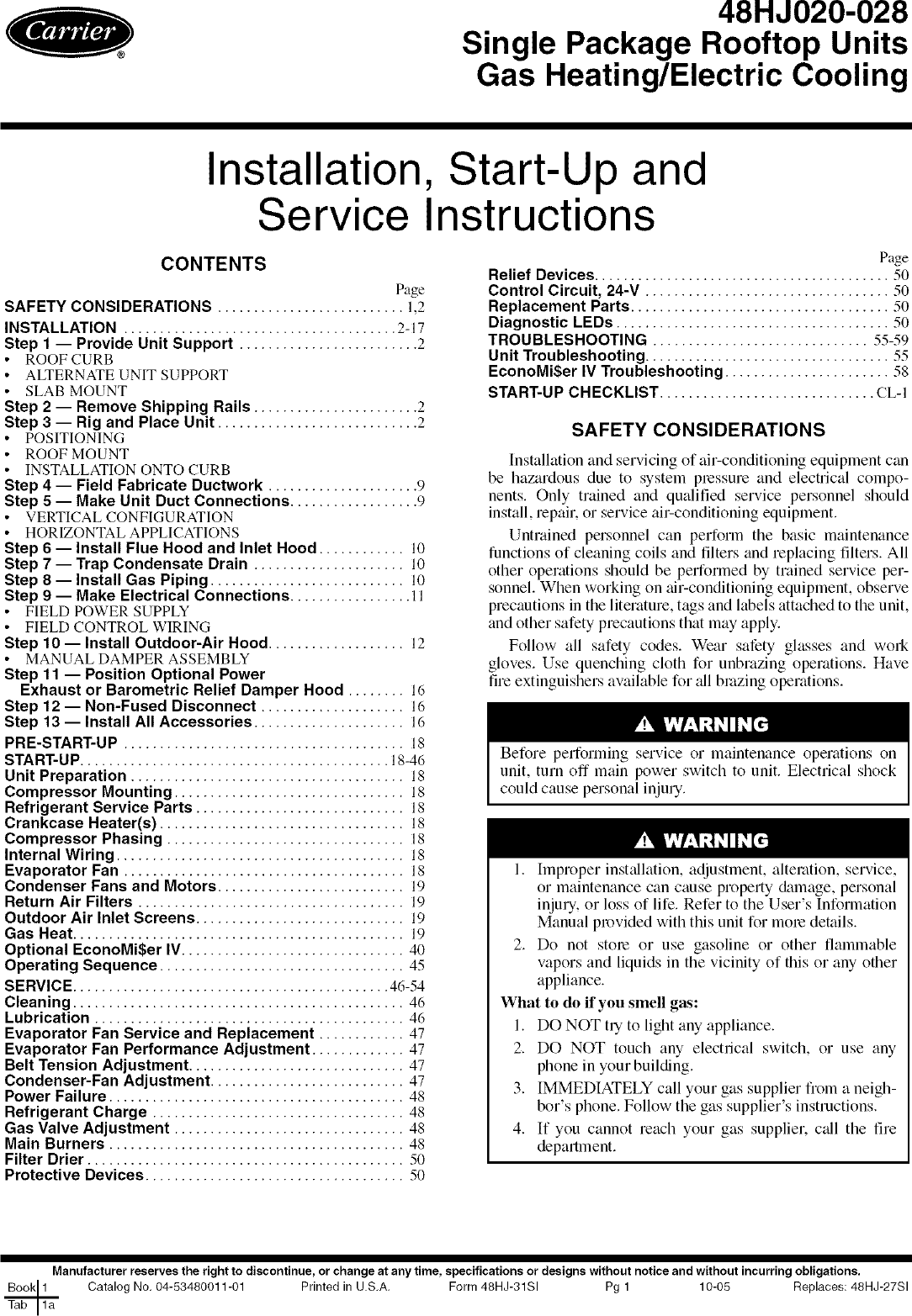 CARRIER Package Units(both Units Combined) Manual L0520542