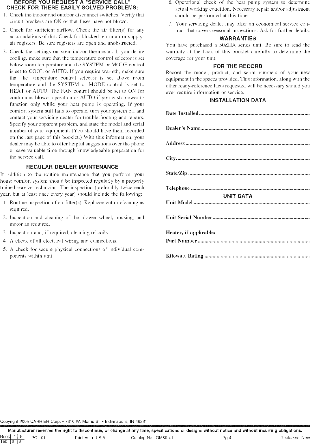 Page 4 of 4 - CARRIER  Air Conditioner/heat Pump(outside Unit) Manual L0611346