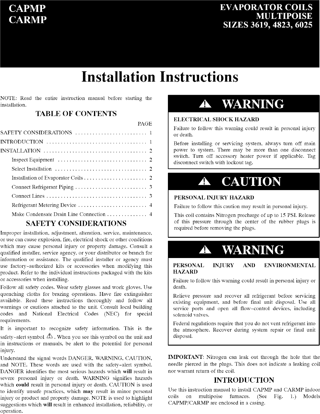 Page 1 of 4 - CARRIER Evaporator Coils Manual L0711033
