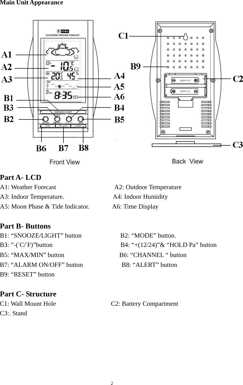   2Main Unit Appearance    Part A- LCD A1: Weather Forecast                  A2: Outdoor Temperature A3: Indoor Temperature.               A4: Indoor Humidity A5: Moon Phase &amp; Tide Indicator.       A6: Time Display  Part B- Buttons B1: “SNOOZE/LIGHT” button            B2: “MODE” button. B3: ”-(°C/°F)”button                     B4: “+(12/24)”&amp; “HOLD Pa” button B5: “MAX/MIN” button                 B6: “CHANNEL “ button B7: “ALARM ON/OFF” button            B8: “ALERT” button B9: “RESET” button  Part C- Structure C1: Wall Mount Hole                 C2: Battery Compartment  C3:. Stand      