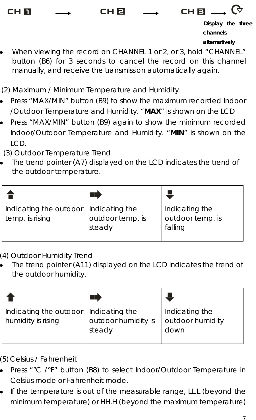  7                                                                                                                    Display the three channels alternatively   z When viewing the record on CHANNEL 1 or 2, or 3, hold “CHANNEL” button (B6) for 3 seconds to cancel the record on this channel manually, and receive the transmission automatically again.    (2) Maximum / Minimum Temperature and Humidity z Press “MAX/MIN” button (B9) to show the maximum recorded Indoor /Outdoor Temperature and Humidity. “MAX” is shown on the LCD z Press “MAX/MIN” button (B9) again to show the minimum recorded Indoor/Outdoor Temperature and Humidity. “MIN” is shown on the LCD.   (3) Outdoor Temperature Trend z The trend pointer (A7) displayed on the LCD indicates the trend of the outdoor temperature.   Indicating the outdoor temp. is rising   Indicating the outdoor temp. is steady   Indicating the outdoor temp. is falling   (4) Outdoor Humidity Trend z The trend pointer (A11) displayed on the LCD indicates the trend of the outdoor humidity.   Indicating the outdoor humidity is rising   Indicating the outdoor humidity is steady   Indicating the outdoor humidity down   (5) Celsius / Fahrenheit z Press “°C /°F” button (B8) to select Indoor/Outdoor Temperature in Celsius mode or Fahrenheit mode.   z If the temperature is out of the measurable range, LL.L (beyond the minimum temperature) or HH.H (beyond the maximum temperature) 